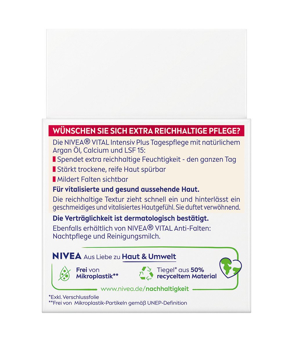 Nivea Tagescreme VITAL Anti-Falten Intensiv Plus LSF 15 Bio Arganöl 2 x 50 ml, 2-tlg., Bio Arganöl, Calcium