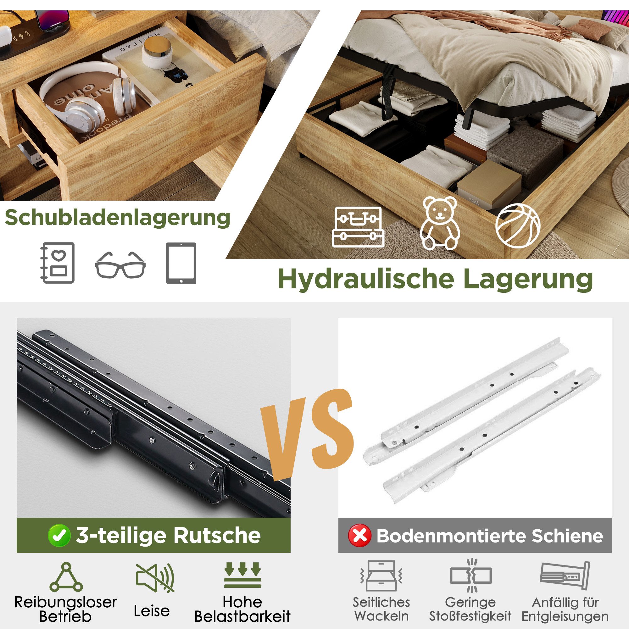 Luckice wooden bed, double bed 180×200cm, hydraulic storage bed (storage headboard with drawers and USB & Type-C charging port, bed frame with wooden slats), oak color (without mattress)