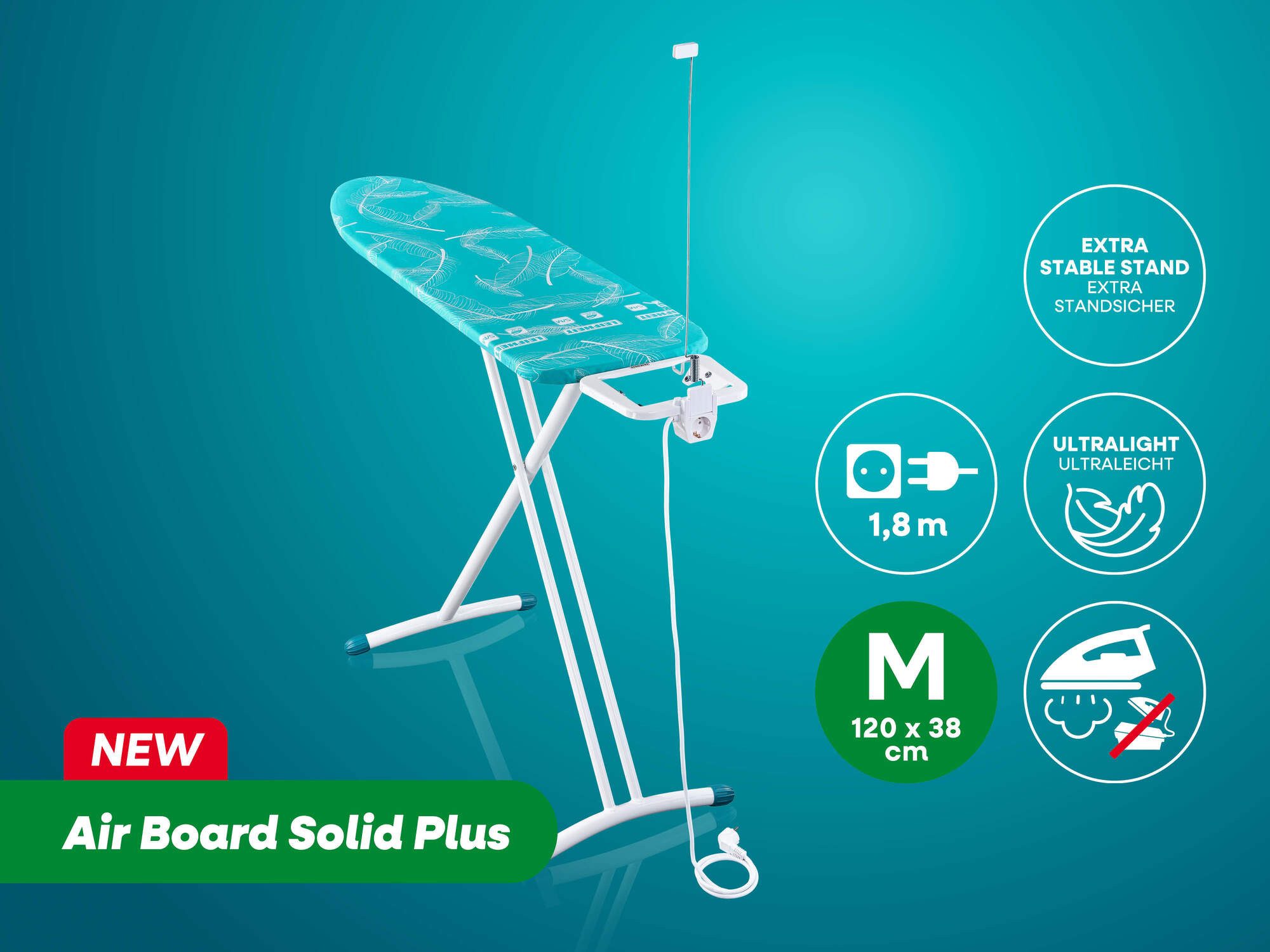 Leifheit Bügelbrett Bügeltisch Air Board M Solid Plus, Bügelfläche 38.0x120.0 cm, Zwei-Seiten-Bügeleffekt, Bügelfläche 120 x 38 cm, höhenverstellbar
