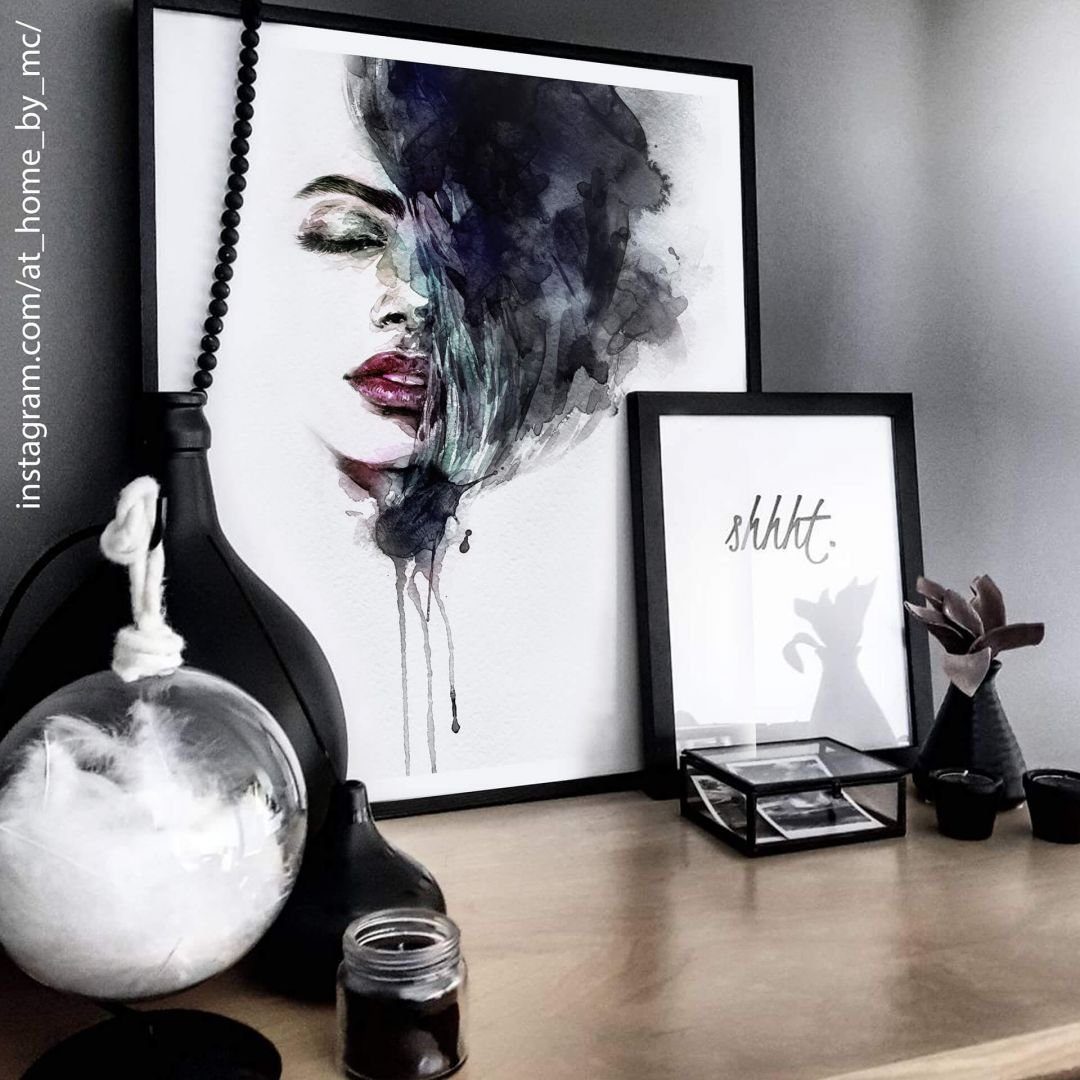K&L Wall Art Poster Poster Collage + Bilderrahmen Schwarz-Weiß Fashion Lady 2er Set, Wohnzimmer Wandbild modern