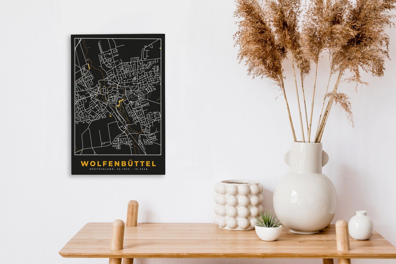 Leinwandbild St), cm Stadtplan 20x30 Gemälde, Gold bespannt Wolfenbüttel OneMillionCanvasses® - (1 und fertig Schwarz - inkl. Deutschland - Leinwandbild Karte, - Zackenaufhänger,