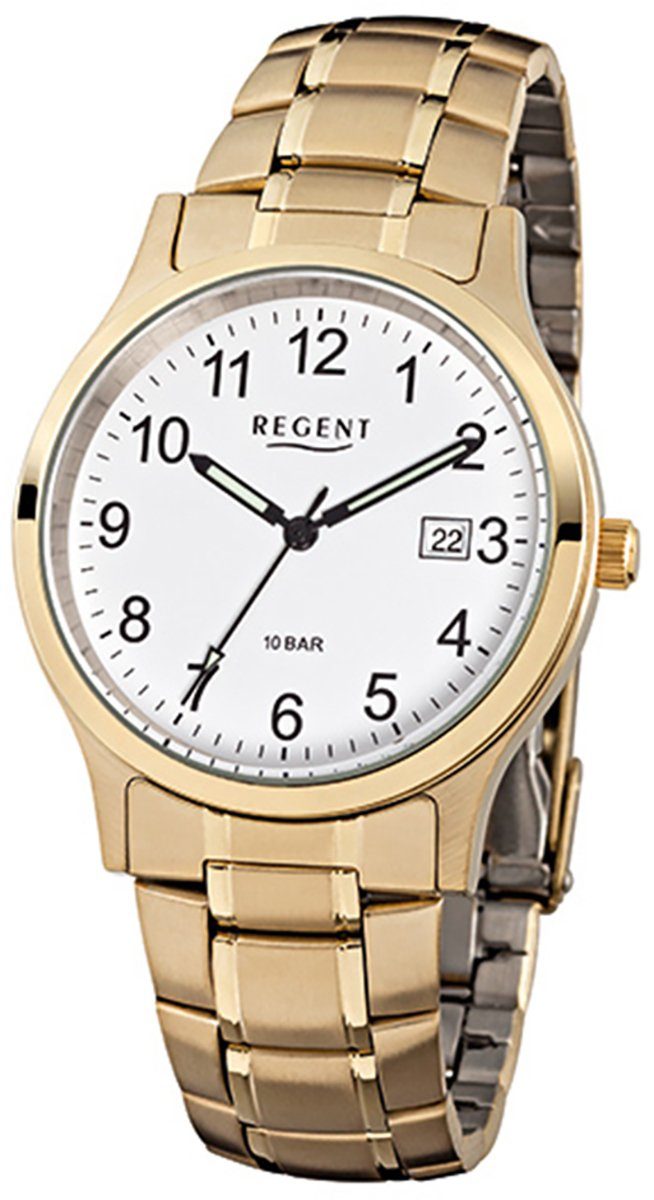 Regent Quarzuhr Regent Herren-Armbanduhr gold Analog F-776, Herren Armbanduhr rund, mittel (ca. 38mm), Edelstahl, ionenplattiert