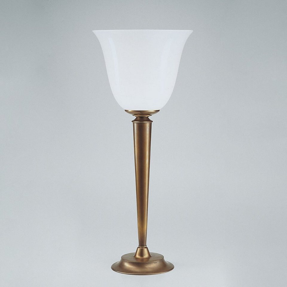 Licht-Erlebnisse Nachttischlampe Q10, ohne Leuchtmittel, Nachttischleuchte  Weiß E27 62 cm Echt-Messing Glas Jugendstil