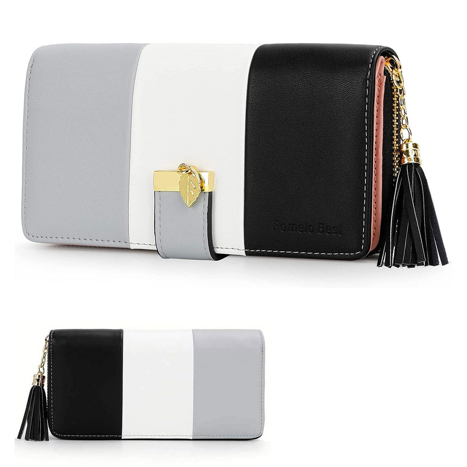 OKWISH Geldbörse Damen Geldbeutel Portmonee Kunstleder Portemonnaie (Brieftasche aus Kunstleder mit 12 Kartenfächern Münzfach, mit RFID NFC Schutz, Reißverschluss), 19,5 x 10,5 x 2,5cm, mit Troddel Anhänger