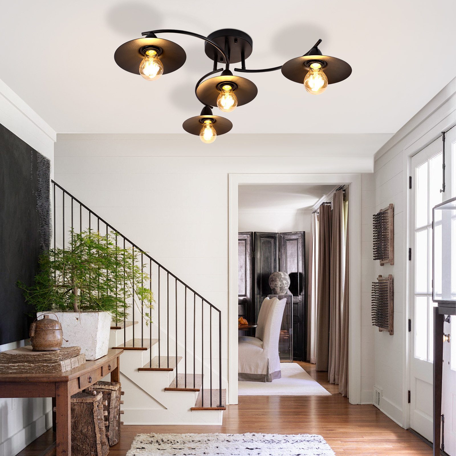 Nettlife Deckenleuchte Innen Vintage Schwarz E27 Retro 4 Flammig Deckenlampe Industrial, LED wechselbar, für Wohnzimmer Flur Schlafzimmer Esszimmer