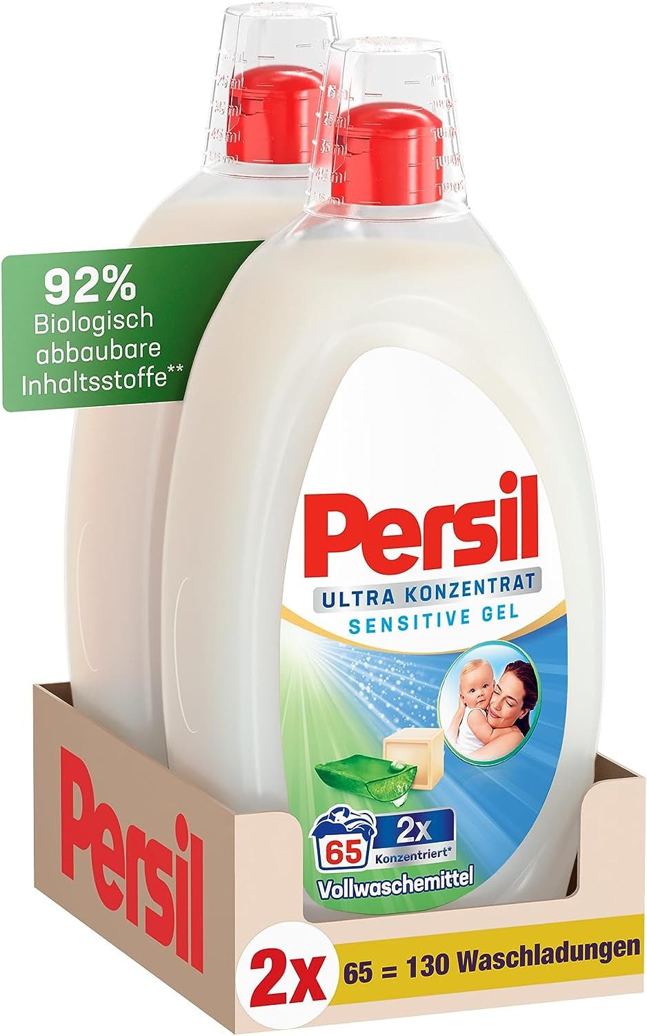 Persil Sensitive Gel Ultra Konzentrat (130 WL) Vollwaschmittel (Spar-Pack, [2-St. für Allergiker & Babys in kleinerer Flasche für weniger Plastik entfernt hartnäckige Flecken, dermatologisch getestet)