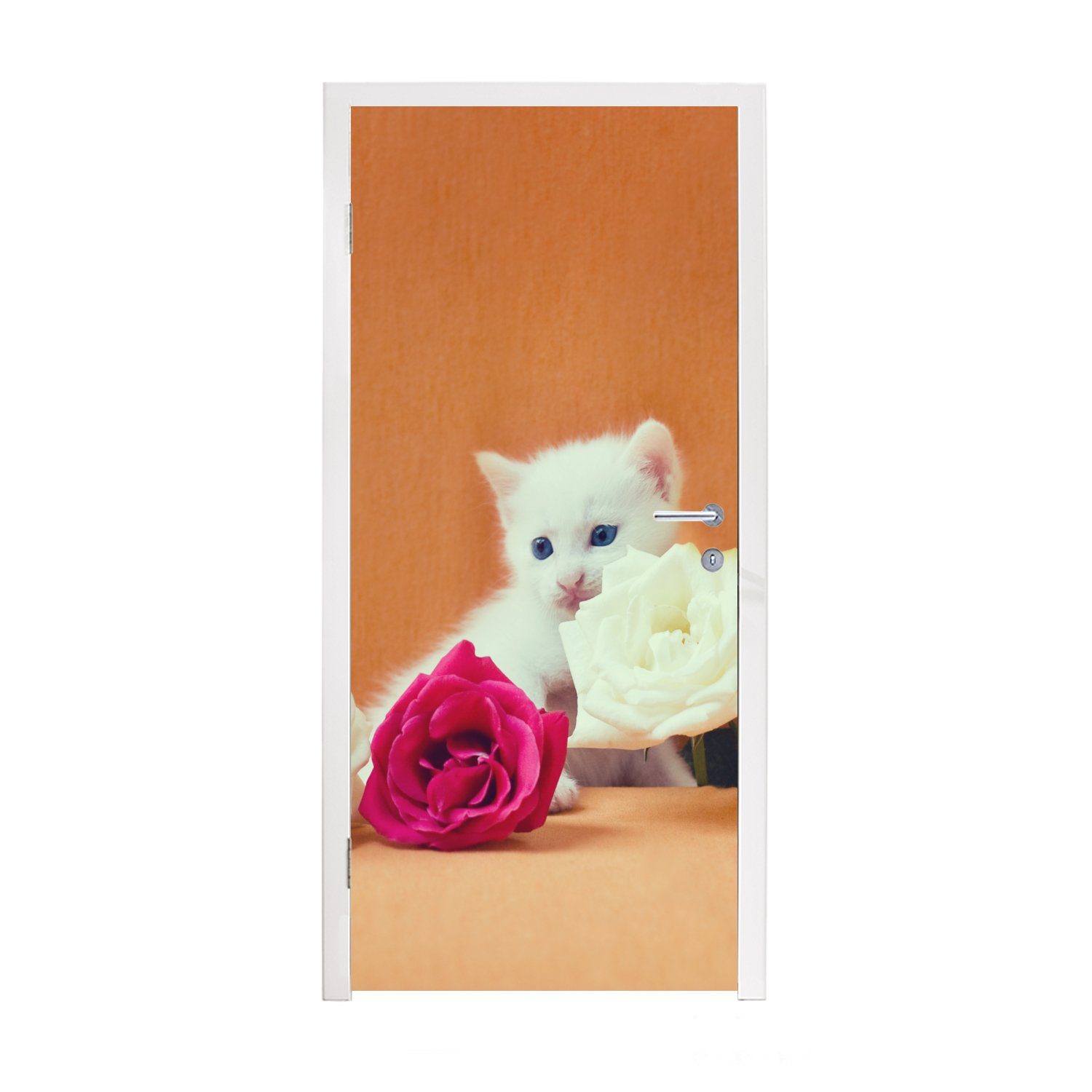 MuchoWow Türtapete Katze - Rosen - Blumen, Matt, bedruckt, (1 St), Fototapete für Tür, Türaufkleber, 75x205 cm