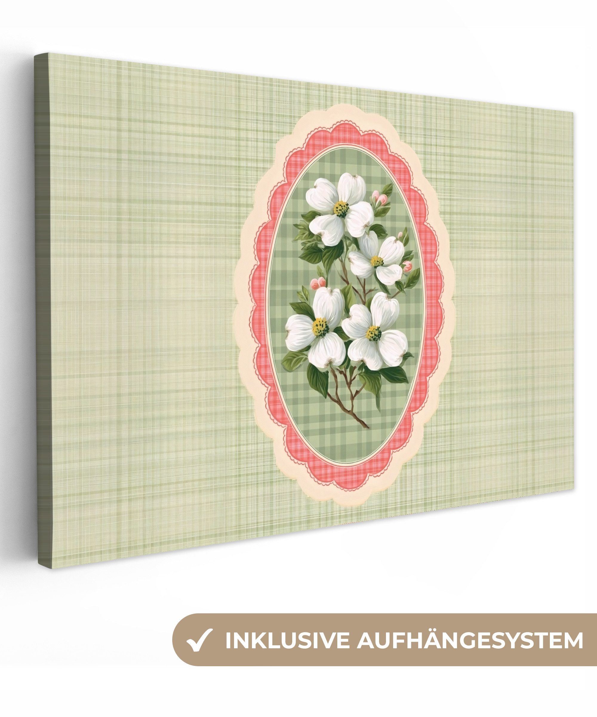 Leinwandbild Blumen - Illustration - Kariert - Grün