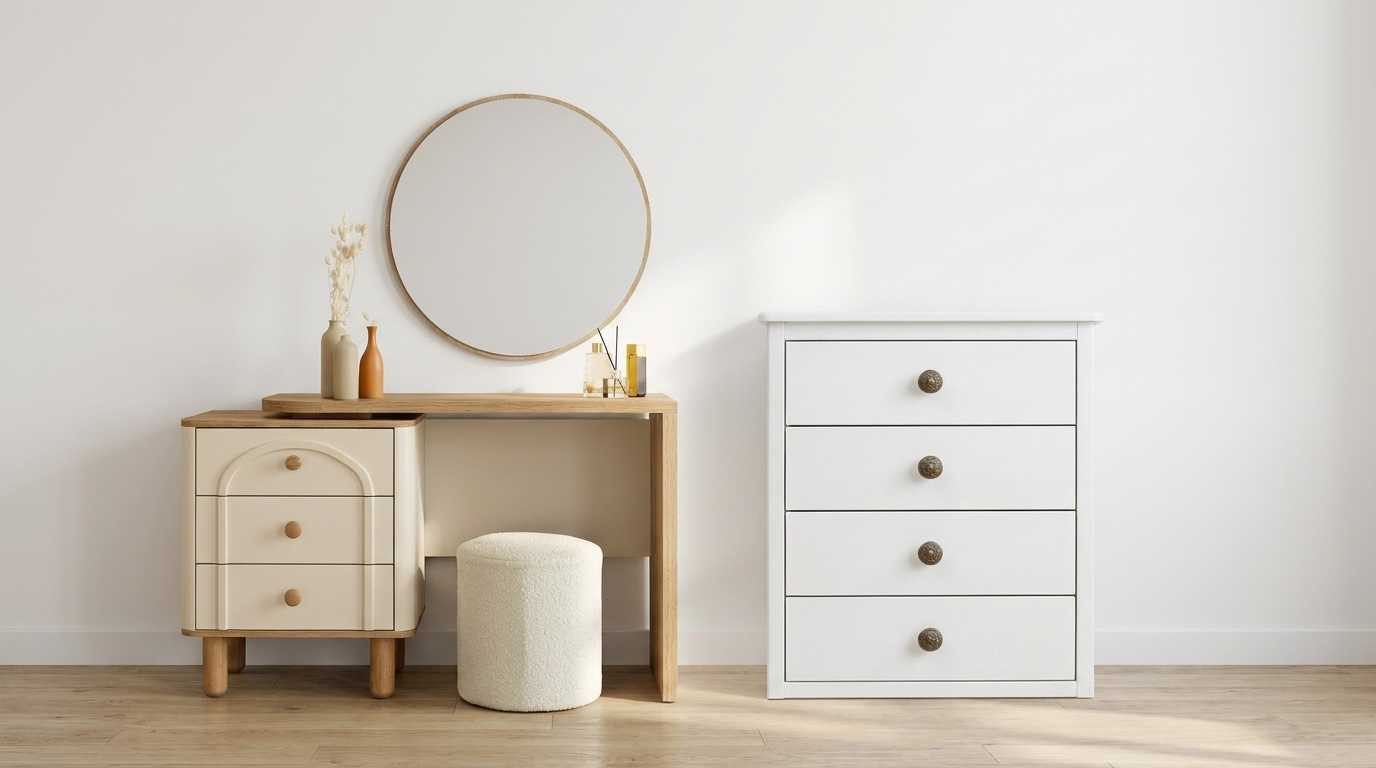 JVmoebel Schminktisch Schminktisch Kommode Set Beige Modern Luxus Spiegel Hocker