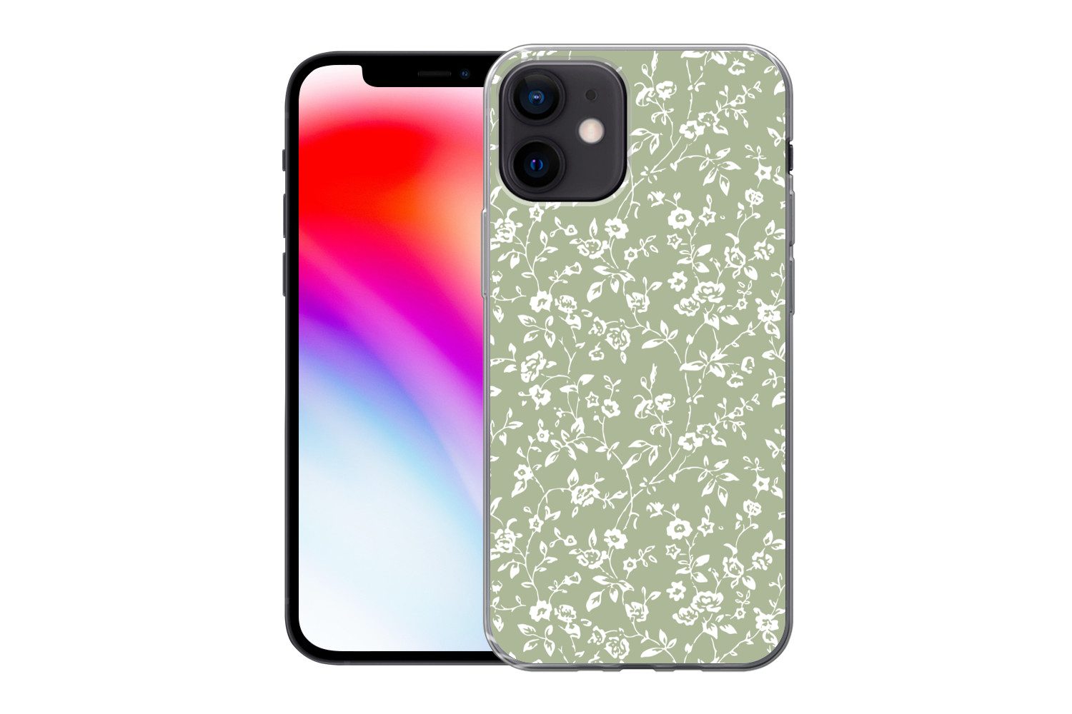 MuchoWow Handyhülle für Apple iPhone 12 Blumen - Druck - Grün - Weiß, Smartphone-Bumper, Print, Handy Schutzhülle Dünn