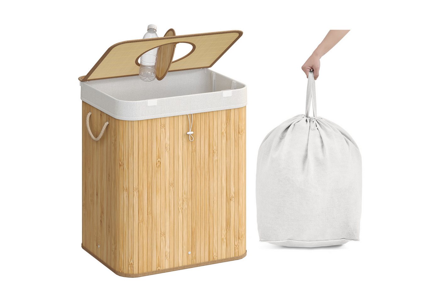 SONGMICS Flaschensammler Pfandflaschen-Sammelbehälter Pfandflaschen-Behälter mit Griffen, 95 L, Bambus, Küche, mit Loch, Deckel, Flaschensammler Leergut