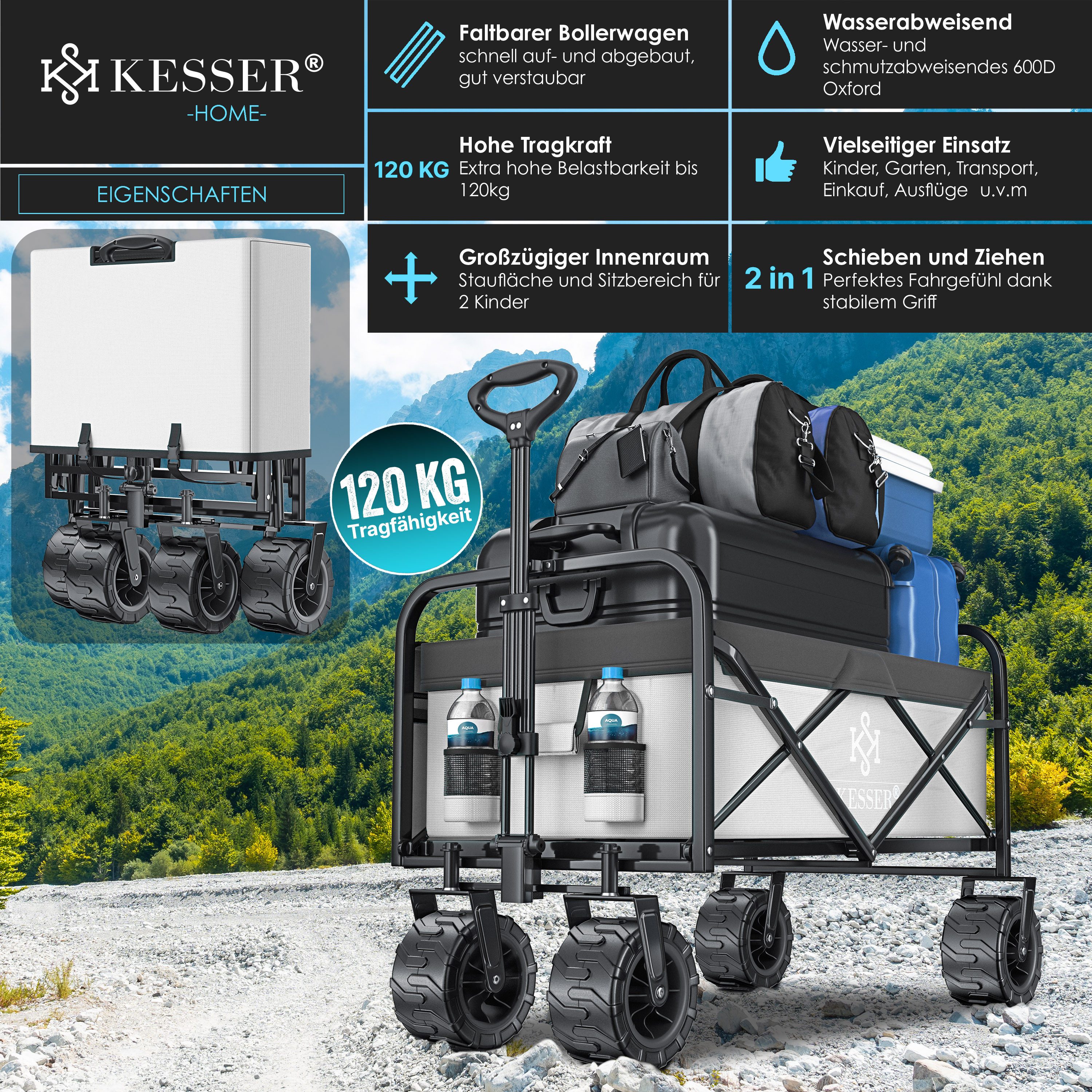 KESSER Bollerwagen, Bollerwagen faltbar Breite Reifen Handwagen Transportkarre