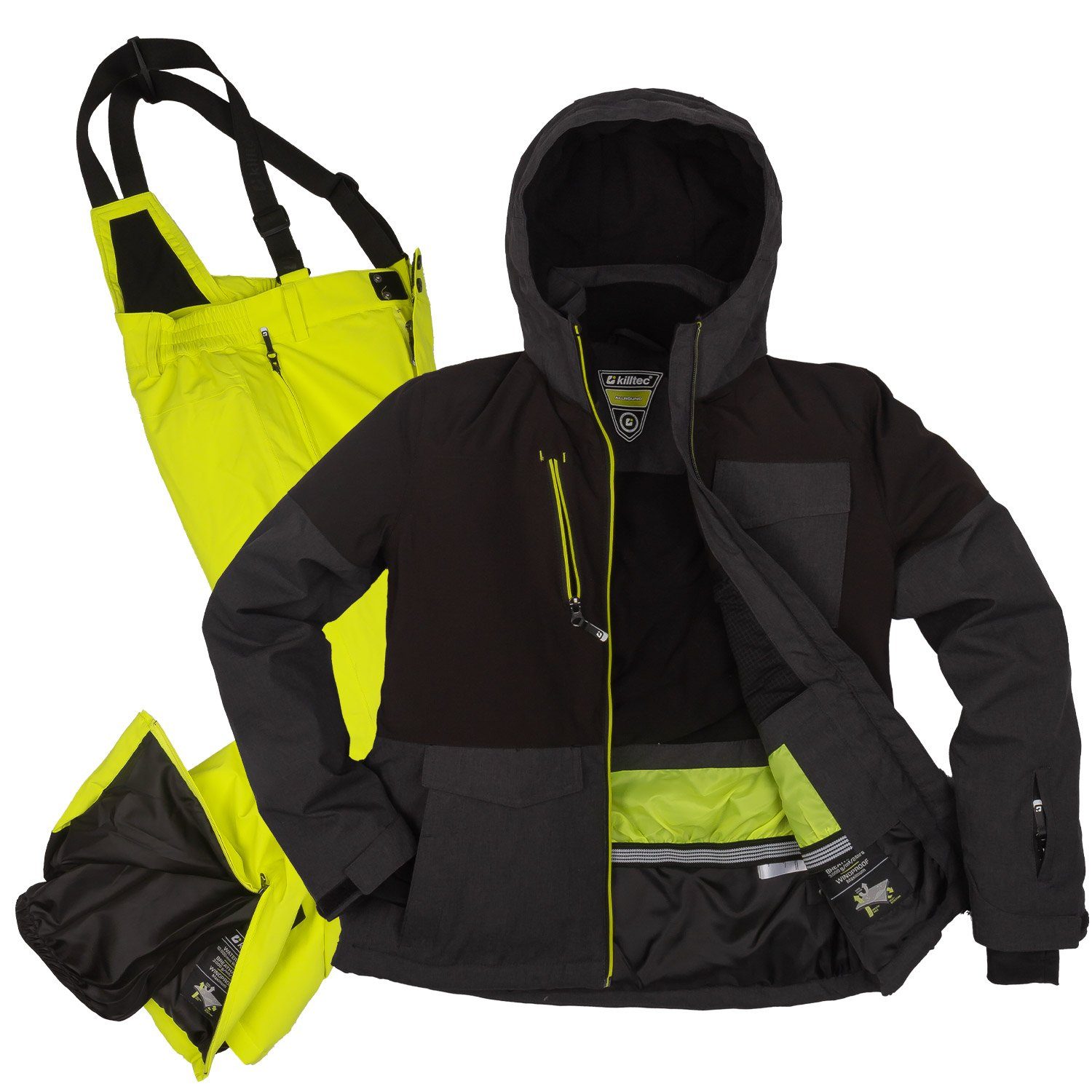 Killtec Skianzug Jungen Skijacke + Skihose (anthrazit/ limette, Gr. 128), verschweißte Nähte