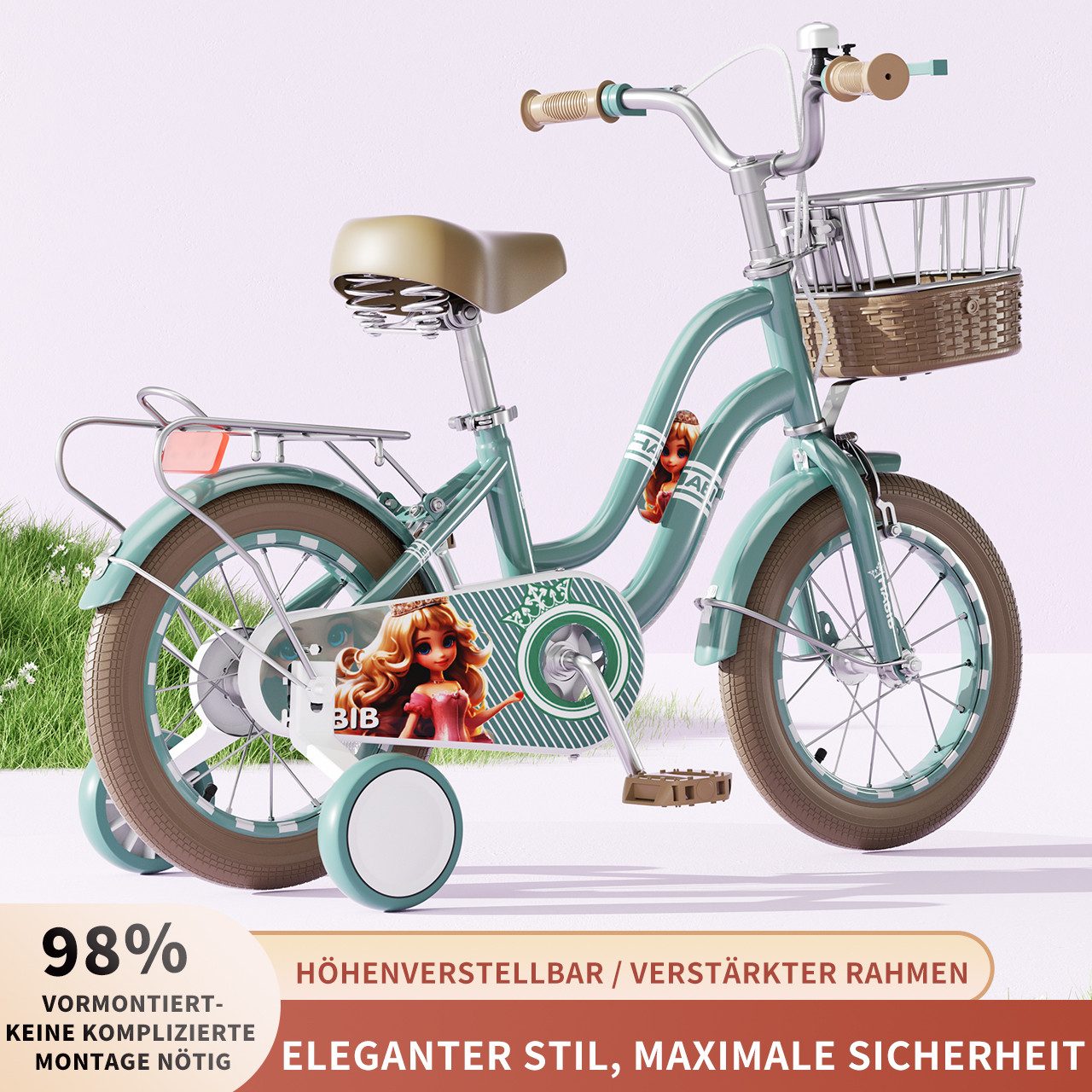 Habib Gruppe Kinderfahrrad Mädchenfahrrad 6-teiligem Schutz-Set & Duales Bremssystem 3-8 Jahre