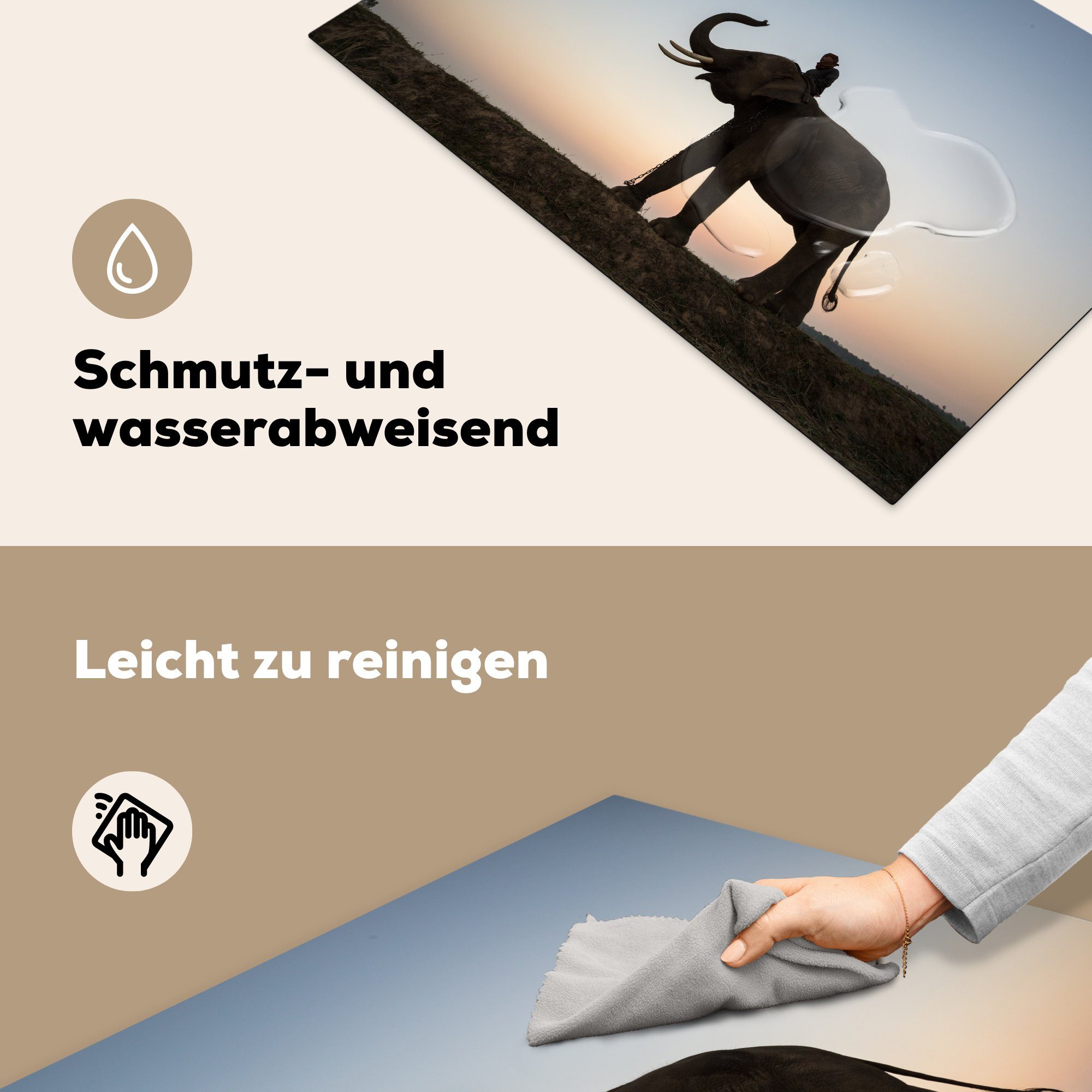 Elefanten MuchoWow einem (1 81x52 eines bunten für Ceranfeldabdeckung Sonnenuntergang, küche, mit Schutz Illustration Induktionskochfeld die cm, tlg), Vinyl, Herdblende-/Abdeckplatte