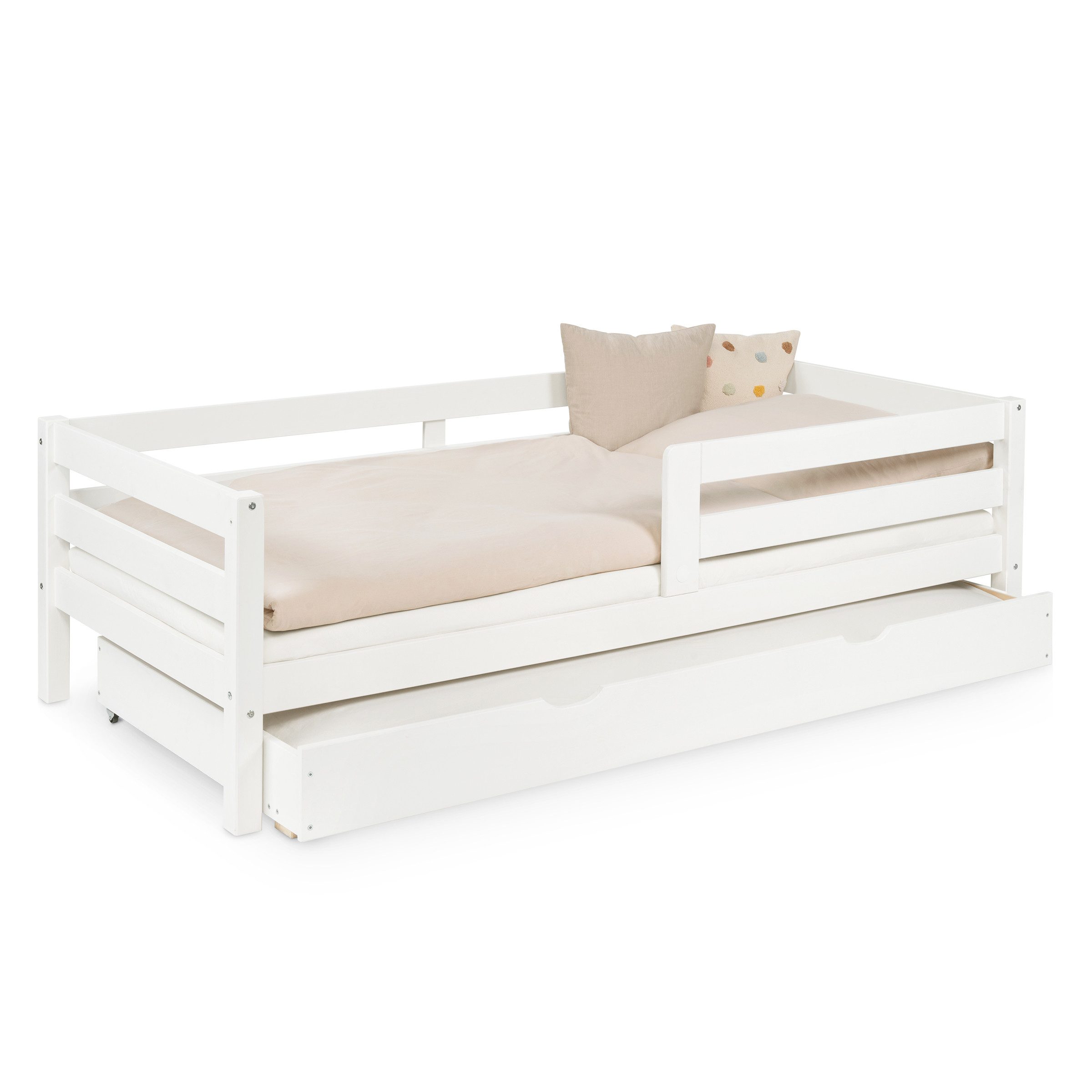 Ehrenkind Kinderbett Sona aus massivem Kiefernholz mit Rausfallschutz (Jugendbett kn weiß, Kinder Bett), Kinderbett 90x200 cm