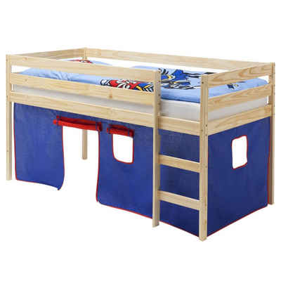 IDIMEX Hochbett ERIK Hochbett Kinderbett Spielbett Kiefer massiv natur mit Vorhang blau/rot