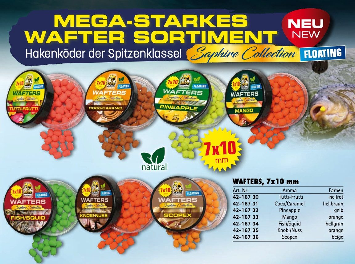 Behr Kunstköder Wafters Spar Set 7x10mm Hakenköder schwimmend 20g - 6 Aromen Karpfen, (6-St), Tolle Farben