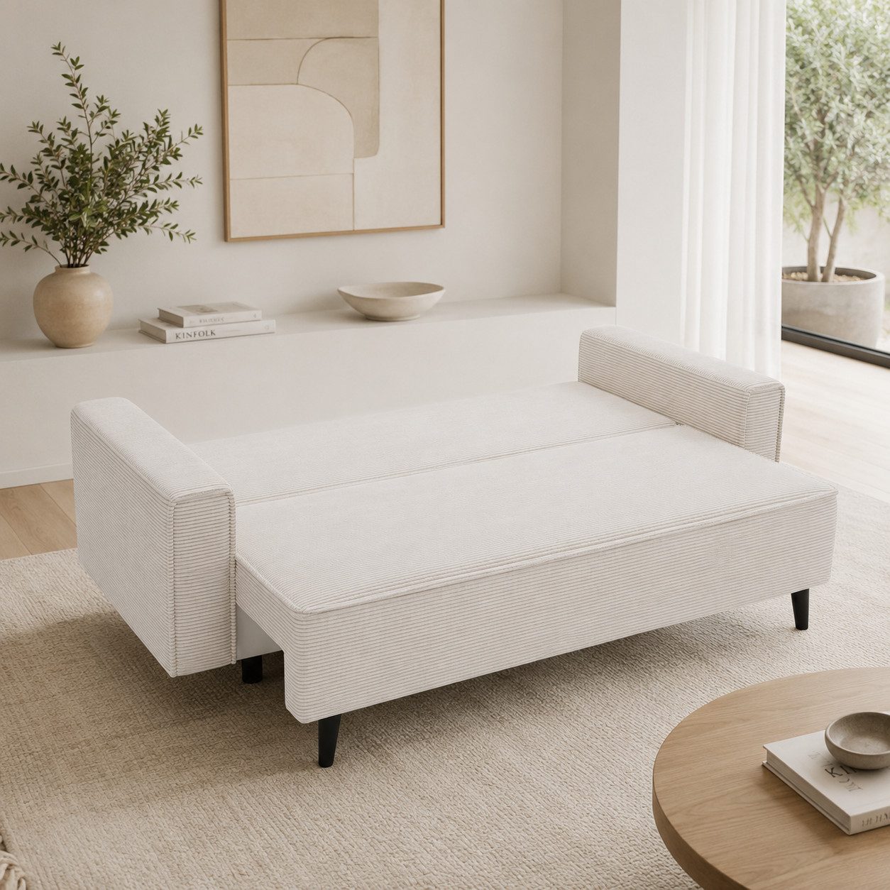 Goldstoff Schlafsofa Cordstoff - LUX 225 cm - Sofa mit schlaffunktion und Bettkasten, Einzelsofa / Couch mit Schlaffunktion - Liegefläche 200 × 124 cm – Bild 3 von 5