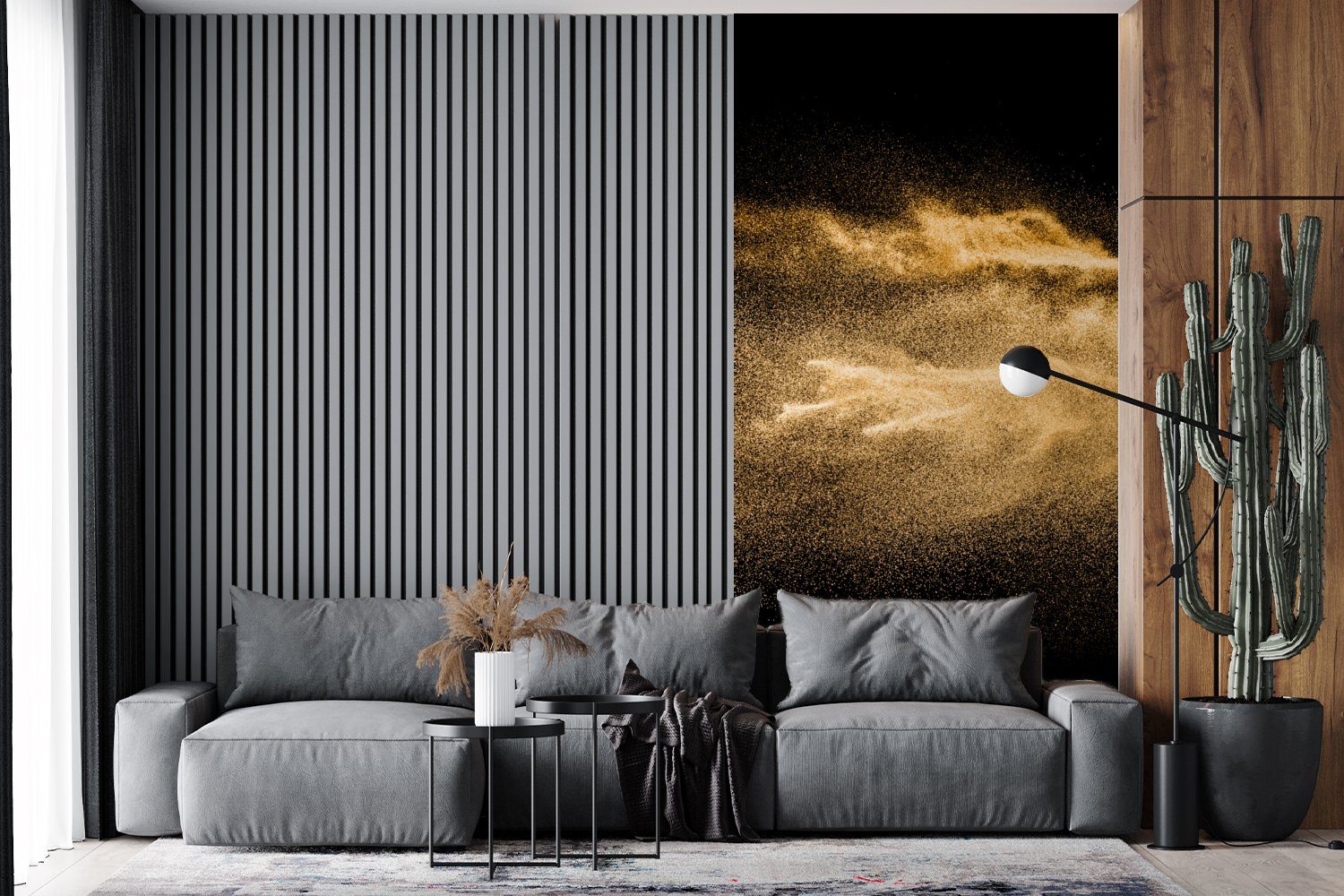 - Luxus für Wohnzimmer Gold Matt, MuchoWow Fototapete Schwarz Schlafzimmer - Küche, bedruckt, - Fototapete Kunst, (2 St), Vliestapete Sand -