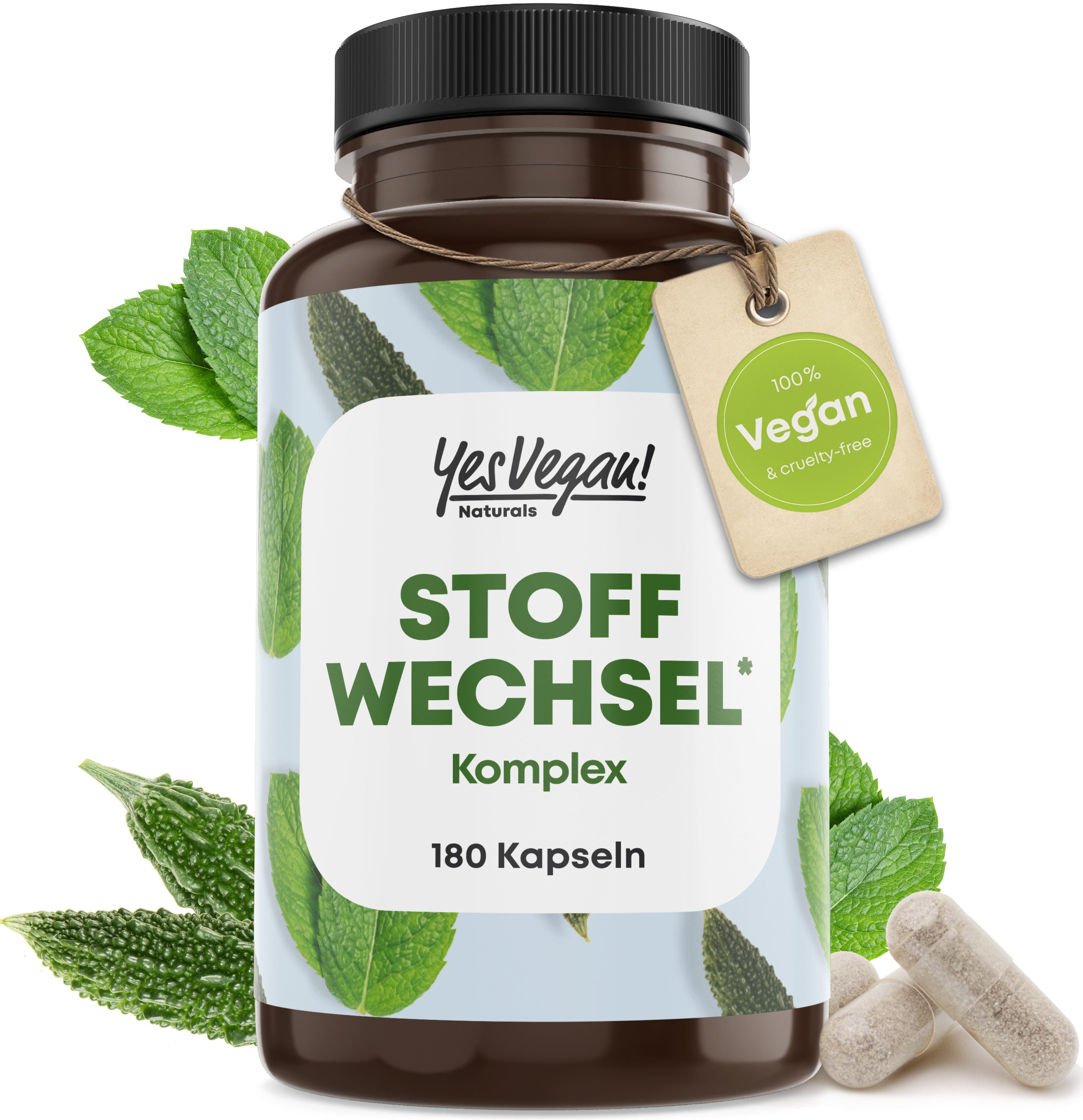Yes Vegan Stoffwechsel Komplex extra stark, L-Carnitin, Grüntee, Chrom, Cholin Kapseln, 180 St., 72 g, vegan, laktosefrei, glutenfrei