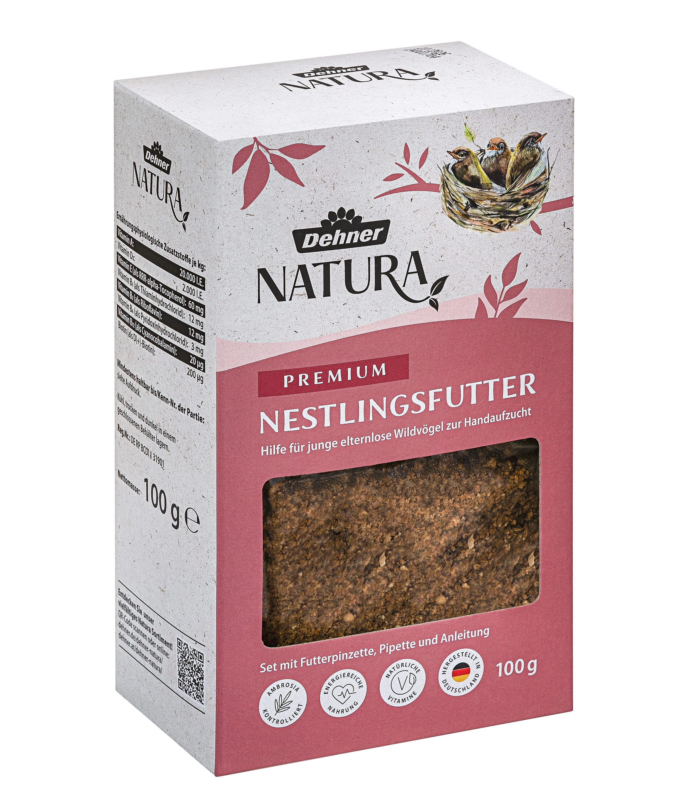 Dehner Natura Premium Nestlingsfutter für elternlose Wildvögel, 100 g, Hauptfutter für: Wildvogel, Gartenvögel, hochwertiges Ganzjahresfutter zur Aufzucht, proteinreich