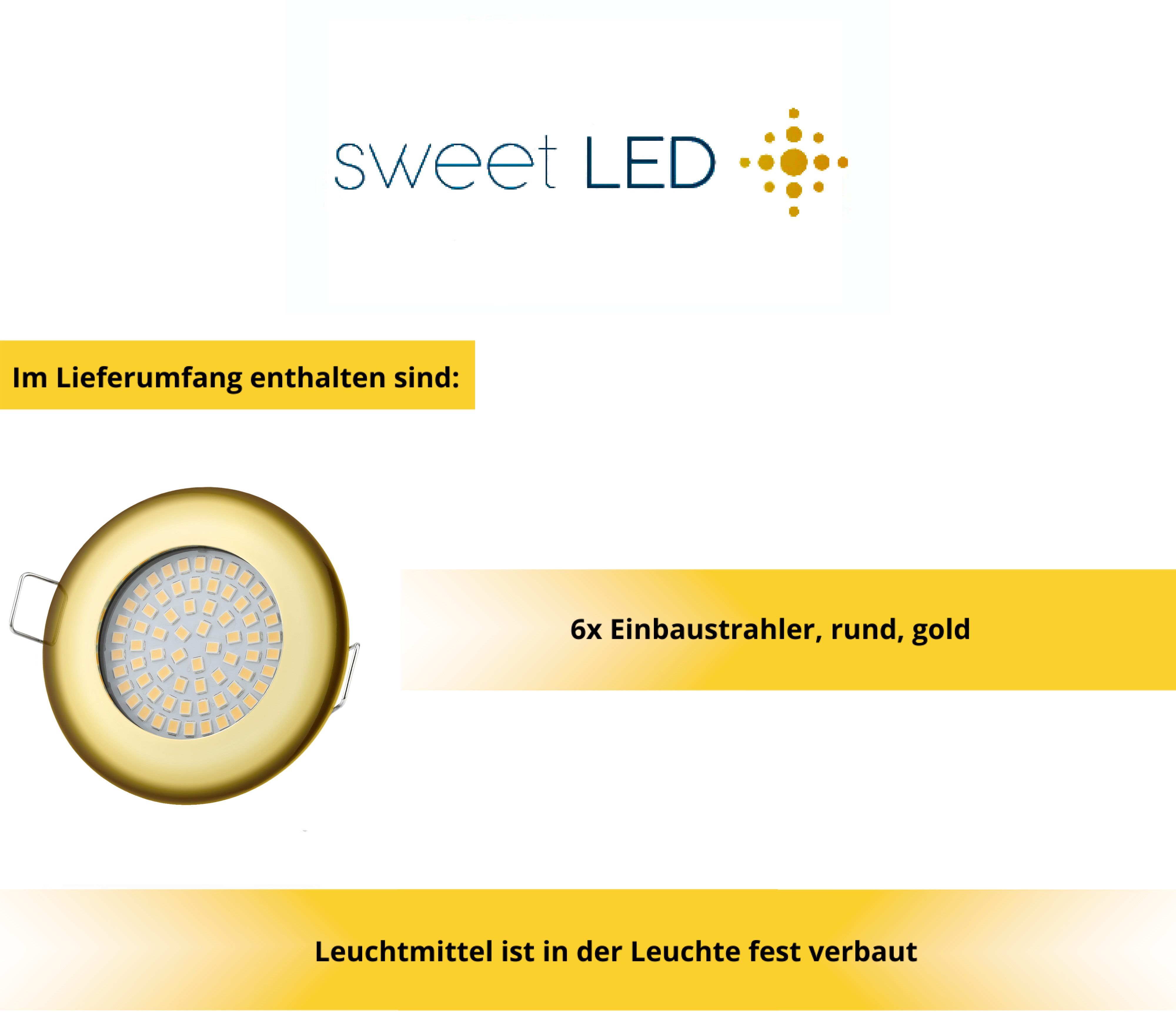 Sweet LED LED Einbaustrahler 6er Set LED Einbauspots Flach rund 5 W gold 230V dimmbar, LED fest integriert, 3000K, warmweiß, Deckenspots, Deckenstrahler, Einbauleuchten