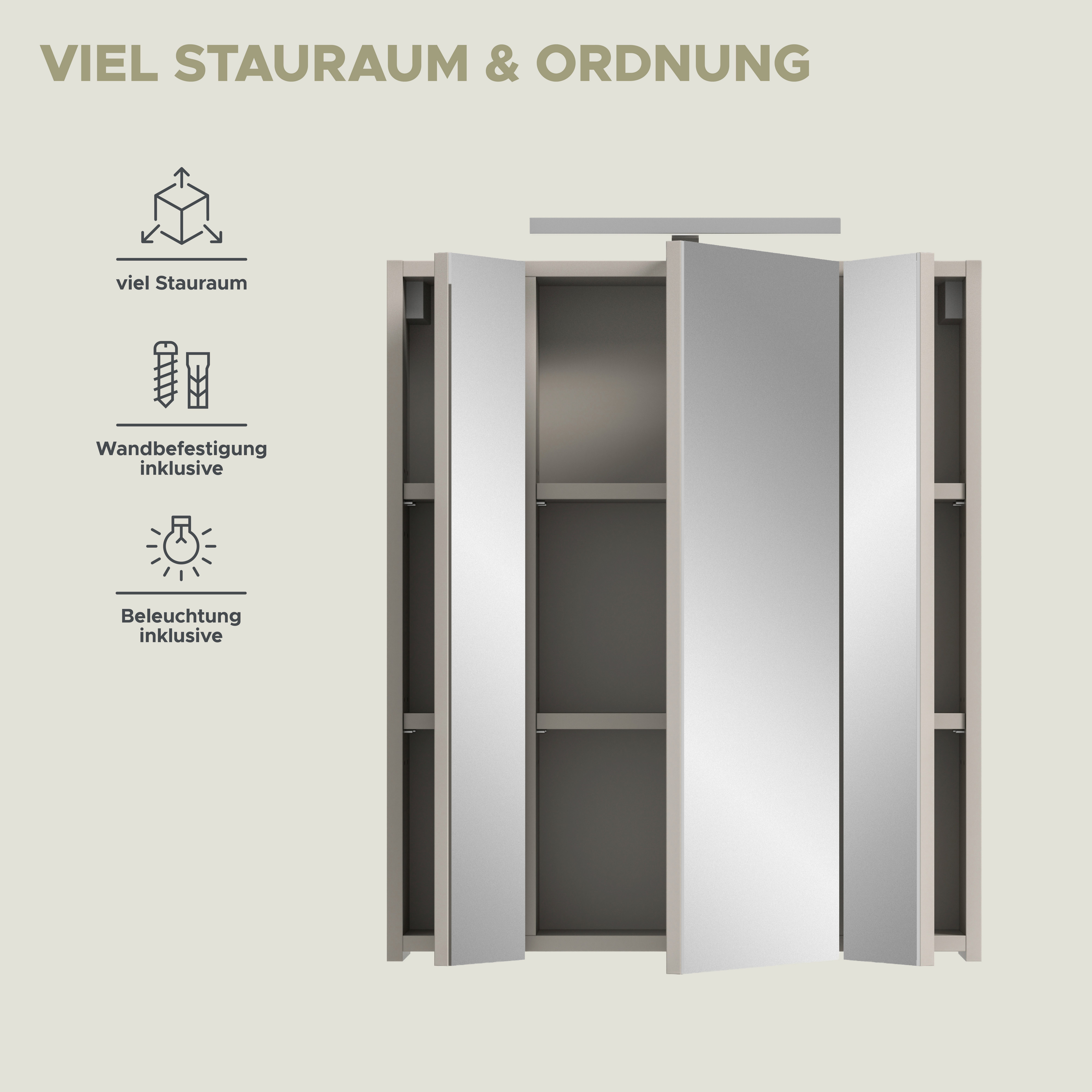 welltime Spiegelschrank FLORENZ, inkl. Beleuchtung, Breite 60 cm, 3 Spiegeltüren (TOPSELLER) in verschiedenen Farben erhältlich, Badmöbel, Badschrank, Schrank,  – Bild 4 von 5