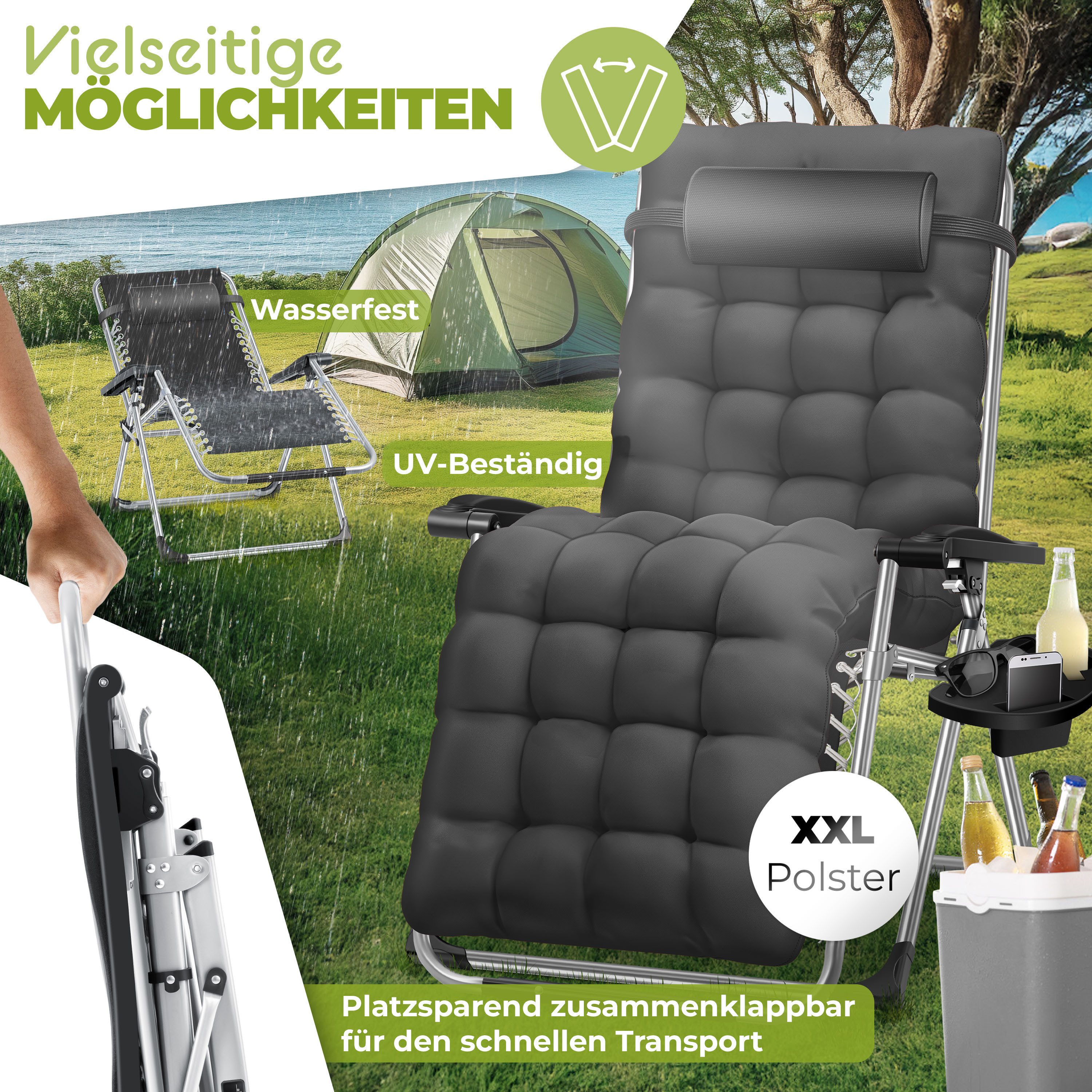 KESSER Gartenliege, Sonnenliege Liegestuhl Klappbar + Getränkehalter Gartenstuhl