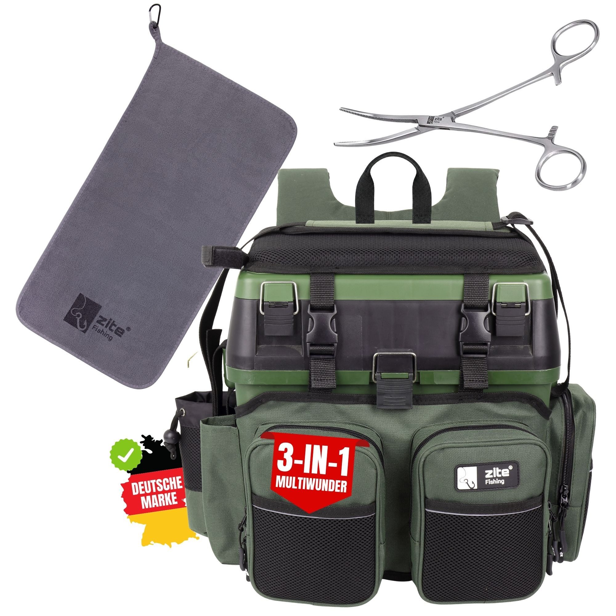 Zite Angelkoffer Multi Angel-Koffer-Rucksack - mit Microfaser Handtuch & Hakenlöser