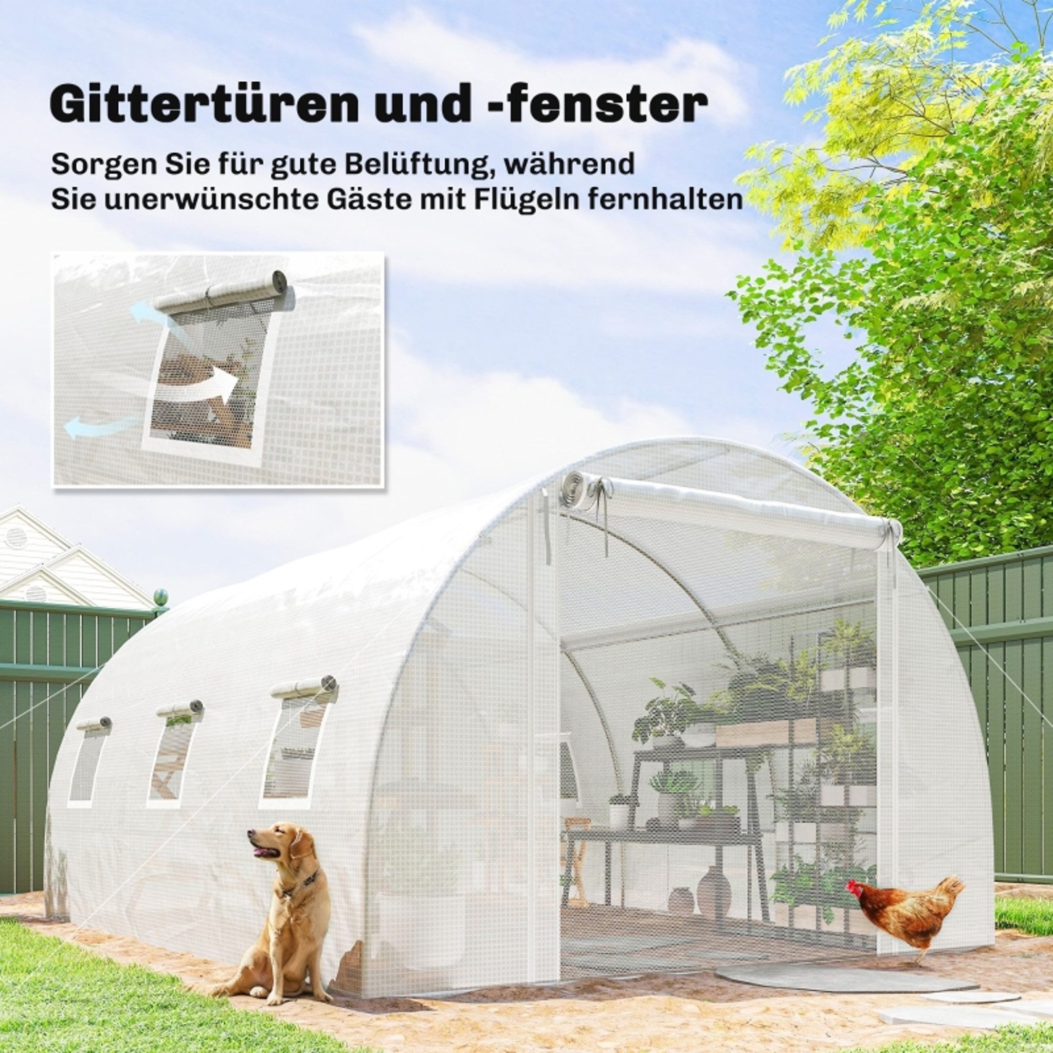 MC Star Gewächshaus Kunststoff-Abdeckung, Maschentür, Stützstangen, Weiß