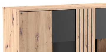 möbelando Highboard SOLEA 081 Highboard (BxHxT: 140,1x115x38 cm), in Schwarz/Dekor Lamellen Artisan Eiche mit 4 Türen und 10 Fächern