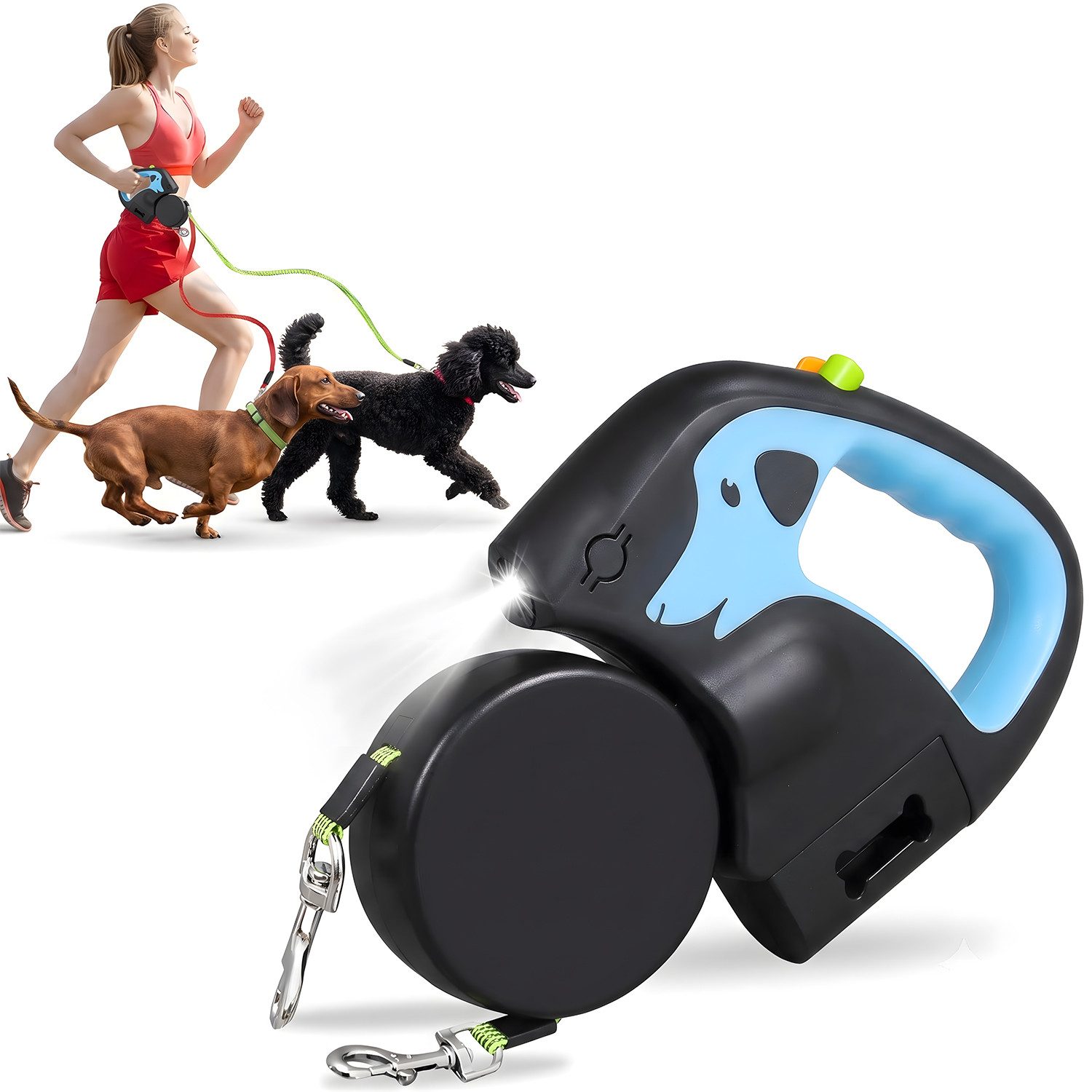 AIMAX Hundeleine Automatische Leine mit Taschenlampe 3M, Doppelleine für 2 Hunde, (Pet Walking Führleine mit Licht für kleine Hunde bis zu 10kg Gewicht, Ausziehbare 360 ° Verwicklungsfreie, EIN-Knopf-Verriegelung Bremse), Rutschfestem Griff, Hundeleine mit box für Kotbeutel oder Leckerlis