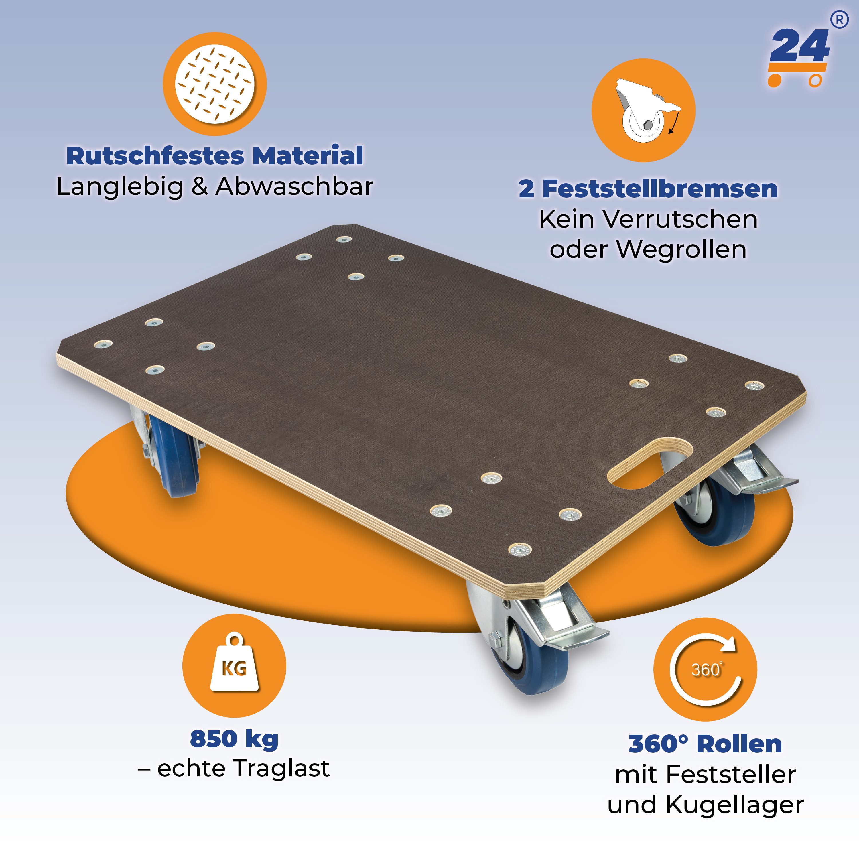 Rollbrett24 Transportroller Rollbrett 60x40cm mit Siebdruckplatte 850kg Tragkraft - 360° Rollen, (Rollbrett), Hohe Tragkraft bis 850 kg leise Rollen für Umzug und Werkstatt