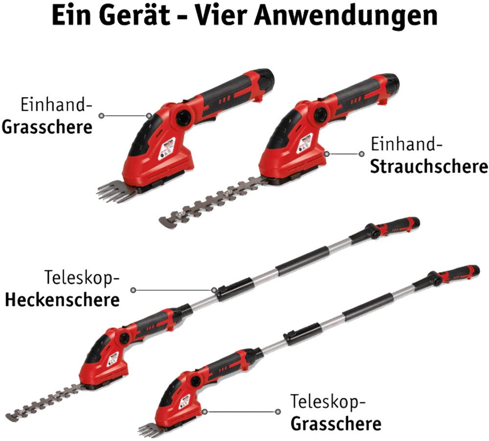 WALTER Akku-Grasschere 12V Akku Grasschere Heckenschere 2in1 inkl. Akku und Teleskopstange, Inkl. stufenlos verstellbarer Teleskopstange