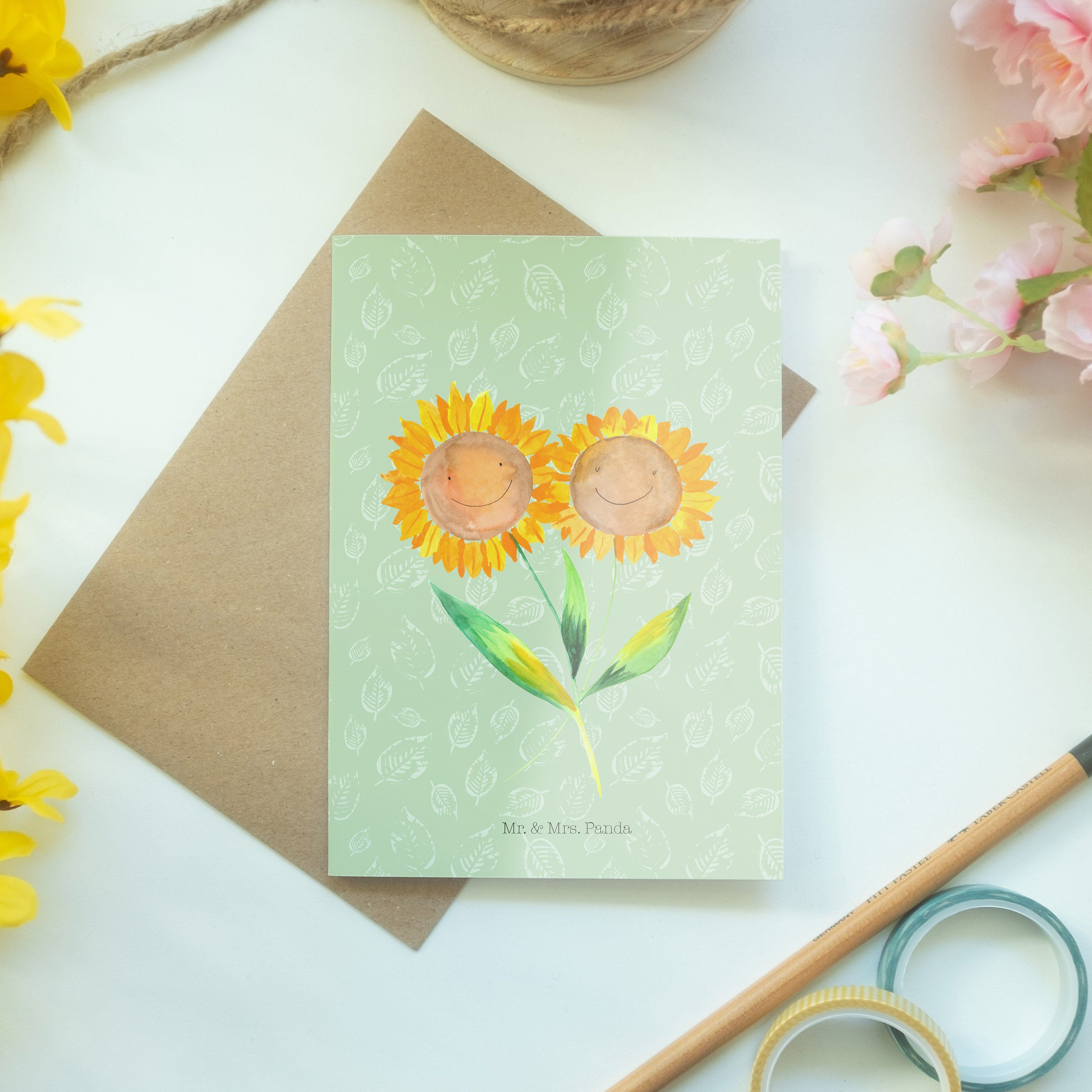 Blattgrün - Sonnenblume - Hochzeitskarte, Mrs. Mr. Klappkarte, Panda Geschenk, Grußkarte Best &