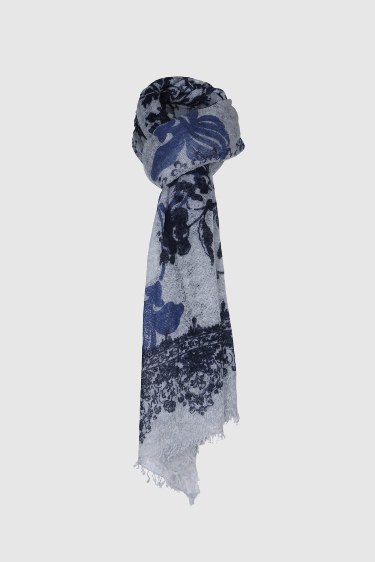 Boscana Kaschmirschal Grauer Schal aus Kaschmir mit blauem Muster