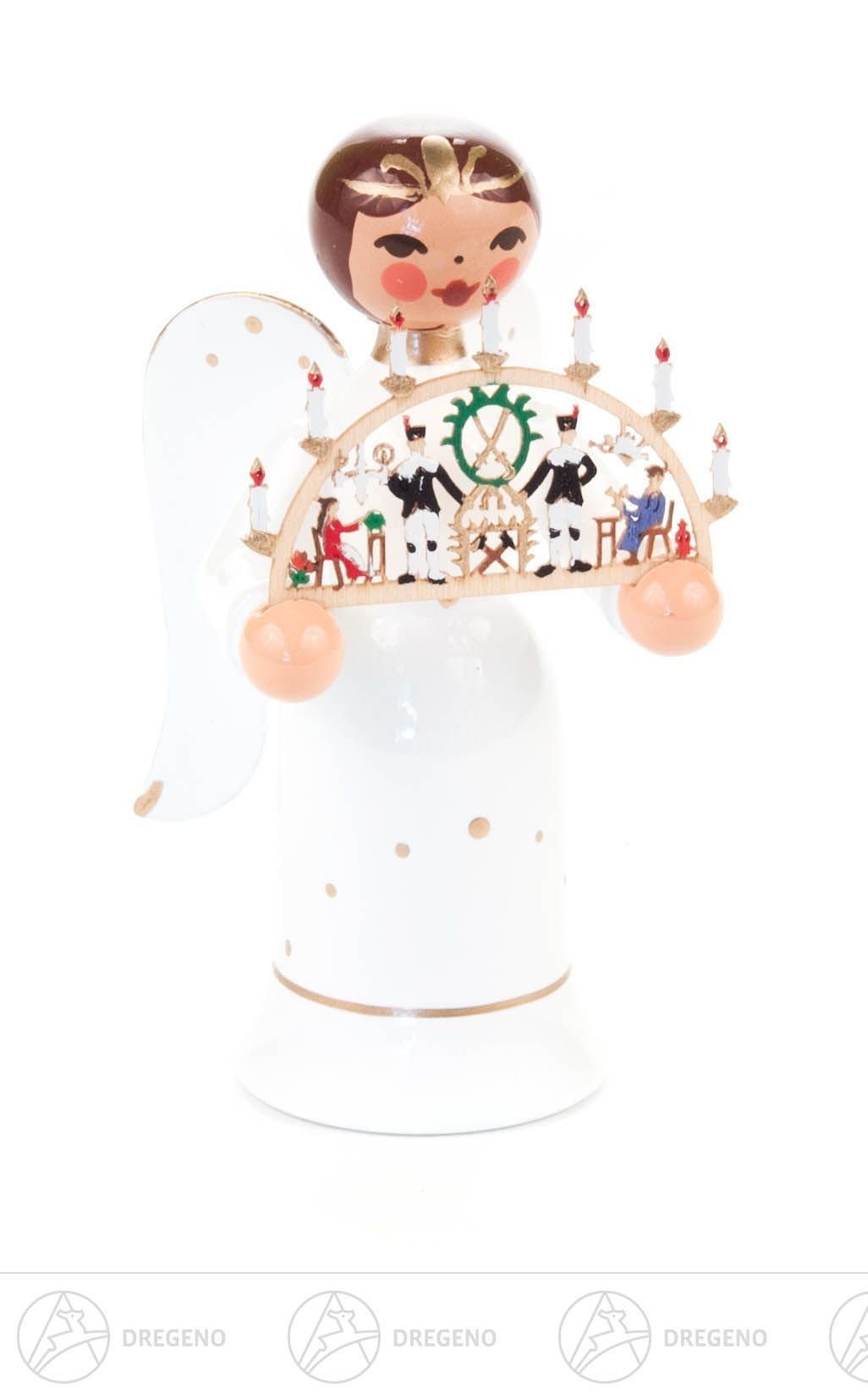 Dregeno Erzgebirge Engelfigur Engel Miniatur mit Schwibbogen "Erzgebirge" Höhe ca 5,5 cm NEU