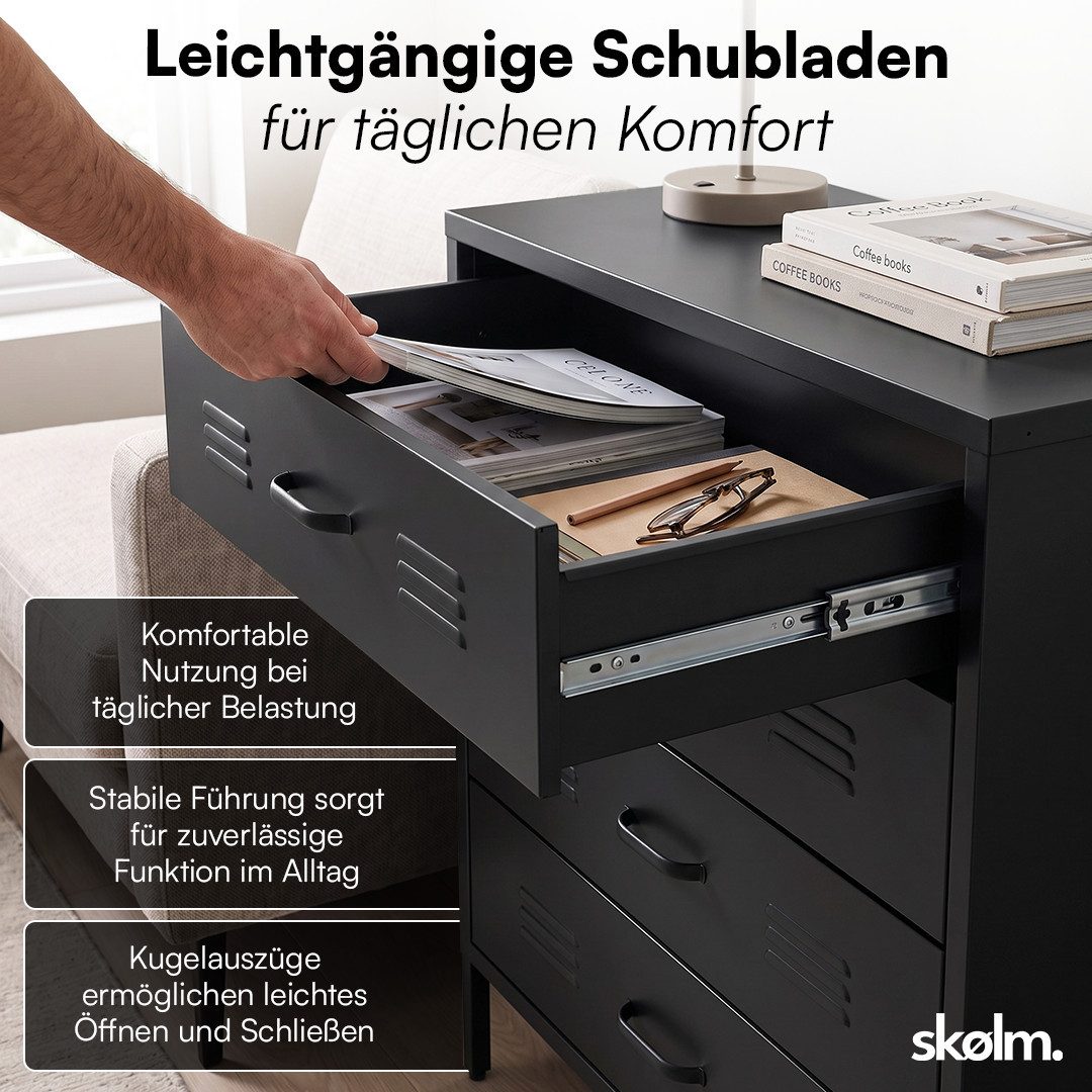 skølm Kommode Atria aus Metall (Schwarz), Sideboard mit 4 Schubladen, Metallschrank mit höhenverstellbaren Füßen – Bild 4 von 5