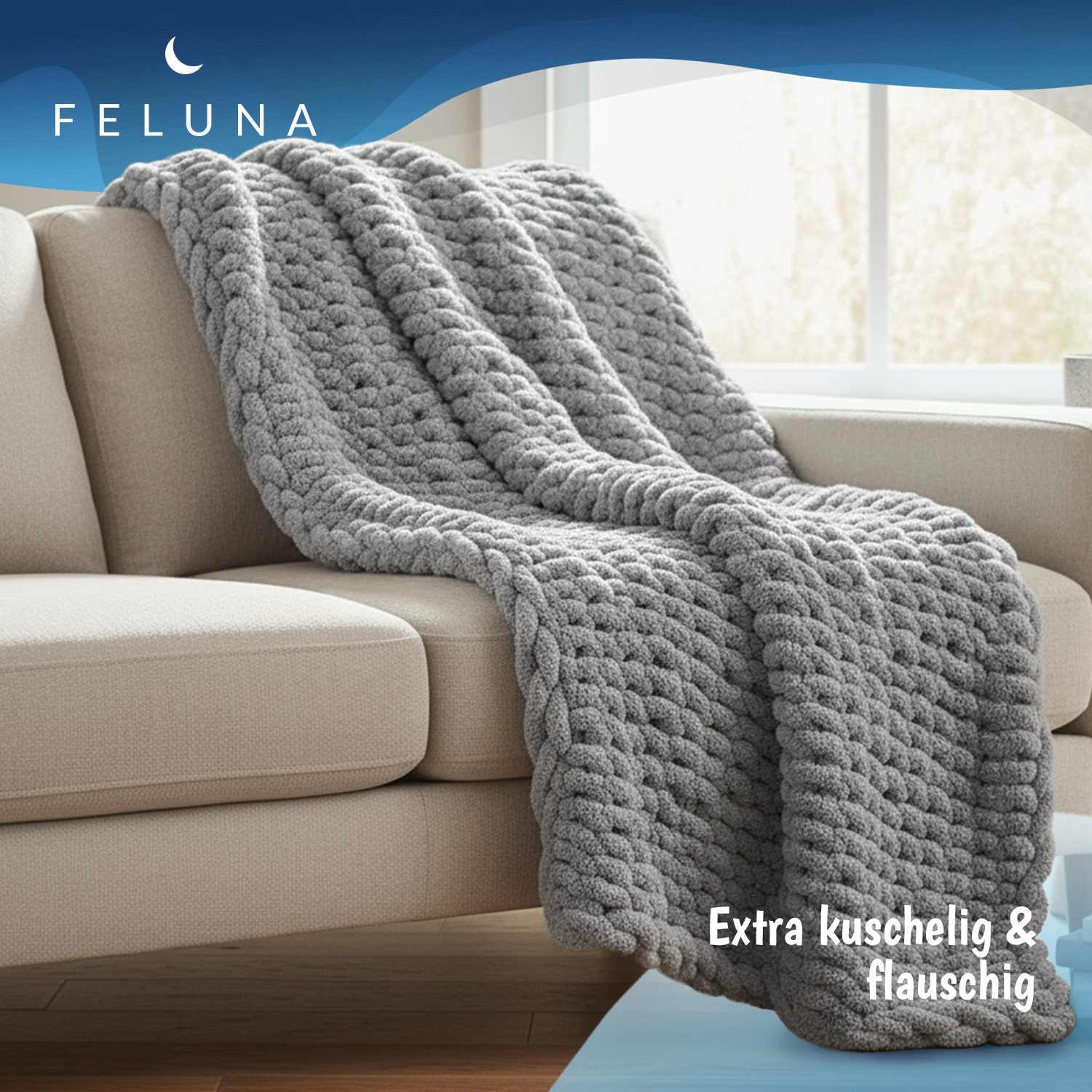 Wohndecke Grobmaschige Wohlfühldecke, Feluna, Flauschige Kuscheldecke Grobstrick Tagesdecke