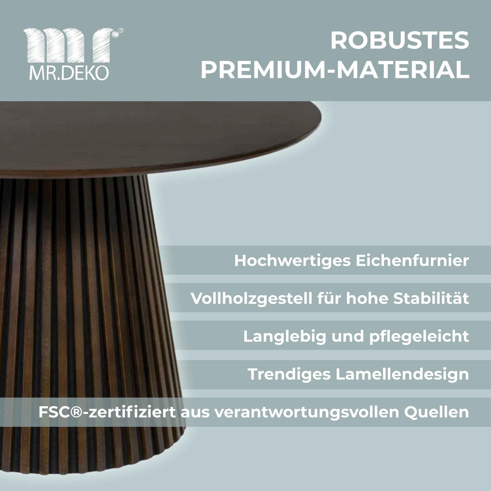 MR.DEKO Esstisch Diningtisch Esszimmertisch Barletta Smoked Oak rund 120 cm FSC®100%, Runde Tischplatte aus Eiche, Gestell Lamellenoptik, Esszimmer – Bild 4 von 5