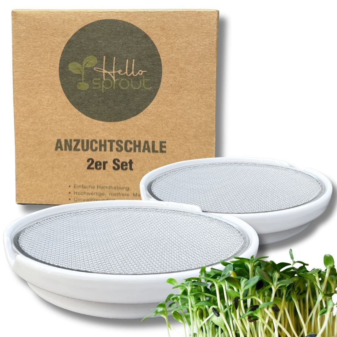 Hellosprout Anzuchttopf Kresse Anzuchtschalen, Keimschalen mit 2 x Kressesieb, Hochwertige (Anzuchtschale, Keimschale mit 2x Edelstahl Sieb, 2 St., Für Kresse & Microgreens), Keimschalen ohne Erde - Inkl. Ratgeber