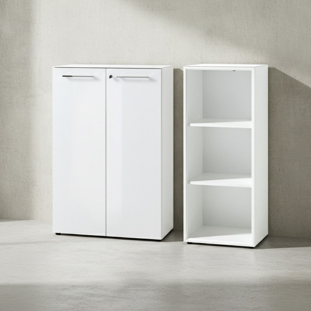 KADIMA DESIGN Büromöbel-Set Büro-Set MUENCHEN 2-teilig, 120cm hoch, Kommode x Regal, Glas Front, (Soft-Close, ABS-Kanten, Büromöbel Made in Germany, Home Office Modern), Sideboard-Kombination Aktenschrank, Aktenregal, 3 OH, Abschließbar