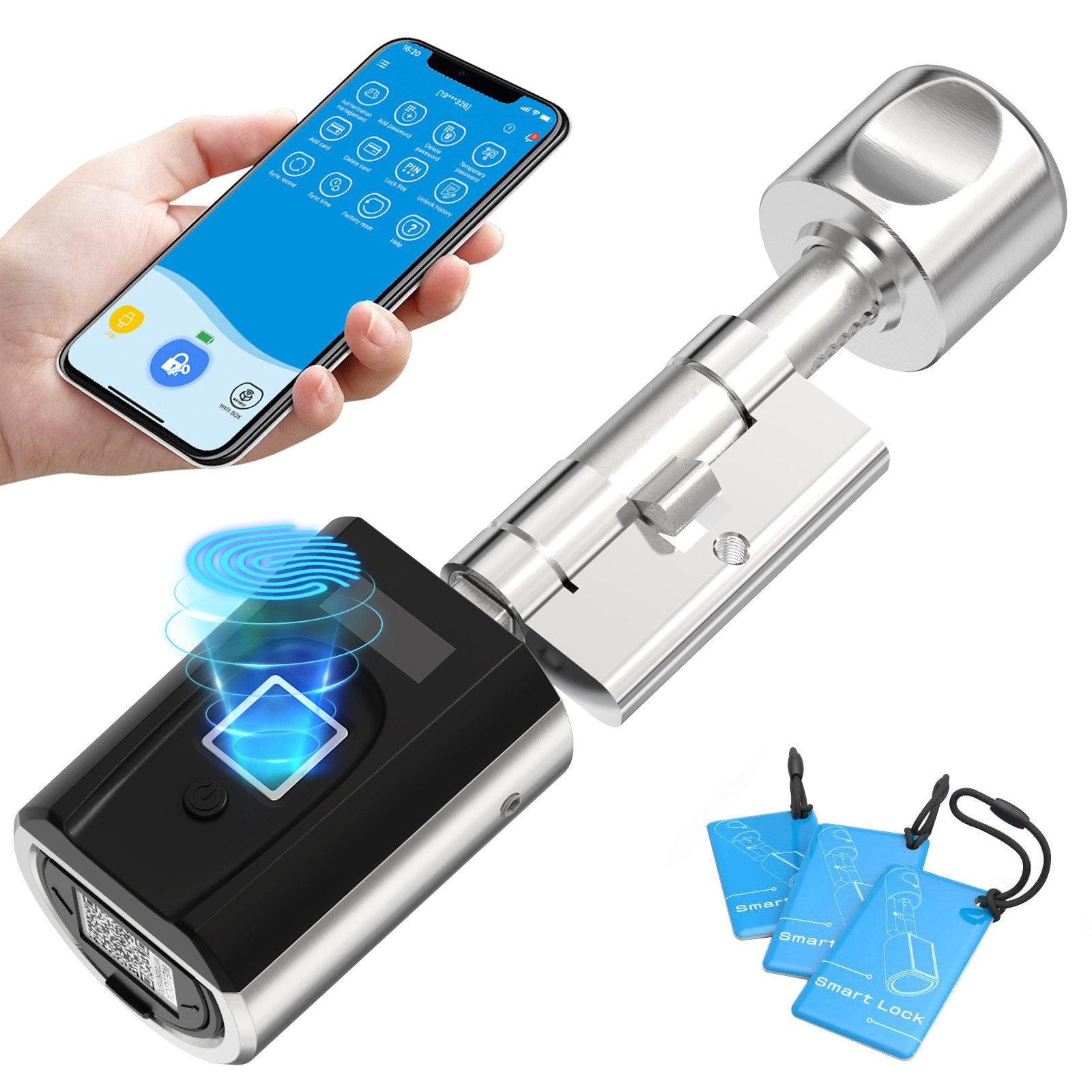 WE.LOCK Türschlossantrieb WELOCK Türschloss Fingerabdruck SECBNEBL51 für 30-70mm Türen, (Packung, Smartes türschloss x1, RFID-Karte x3, Anleitung x1, Zubehörbox x1), Fingerabdruck, RFID-Karte, APP, USB-Entsperrung, einfache Installation