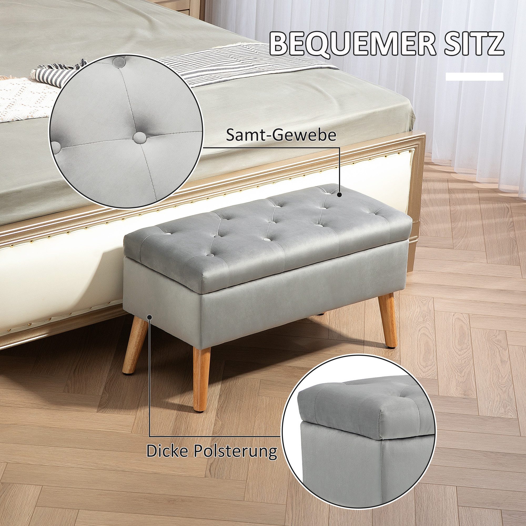 HOMCOM Sitzbank Polsterbank mit Deckel, Bettbank mit Samtoptik (Truhenbank, 1-St., Polsterbank), für Flur Schlafzimmer Wohnzimmer, Gummiholz 80 x 35 x 42 cm Gra – Bild 5 von 5