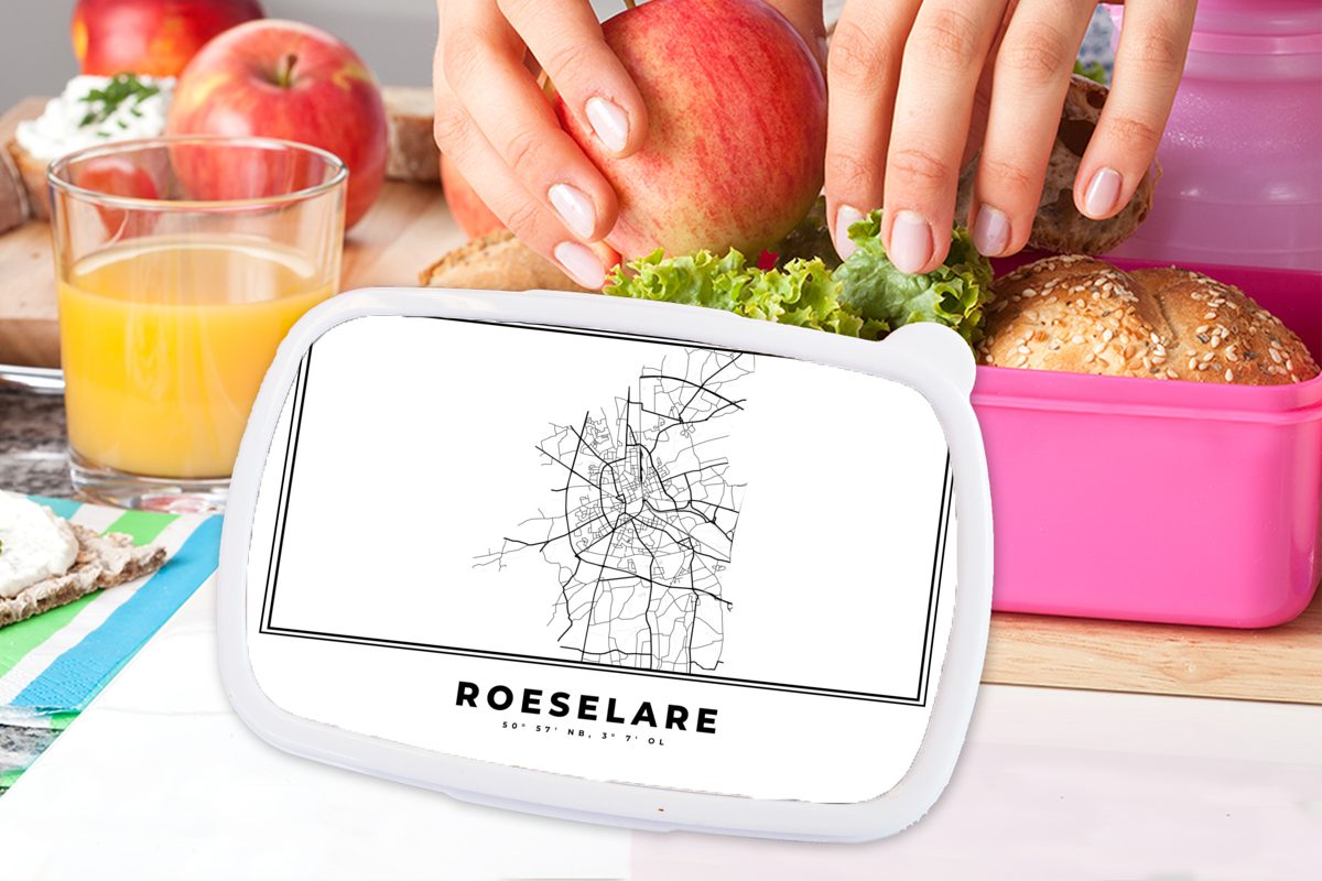 MuchoWow Lunchbox Kunststoff Roeselare Snackbox, Belgien für Kunststoff, weiß, Erwachsene, - (2-tlg), Karte - Mädchen, Stadtplan Brotdose - Brotbox Schwarz rosa - Kinder, und