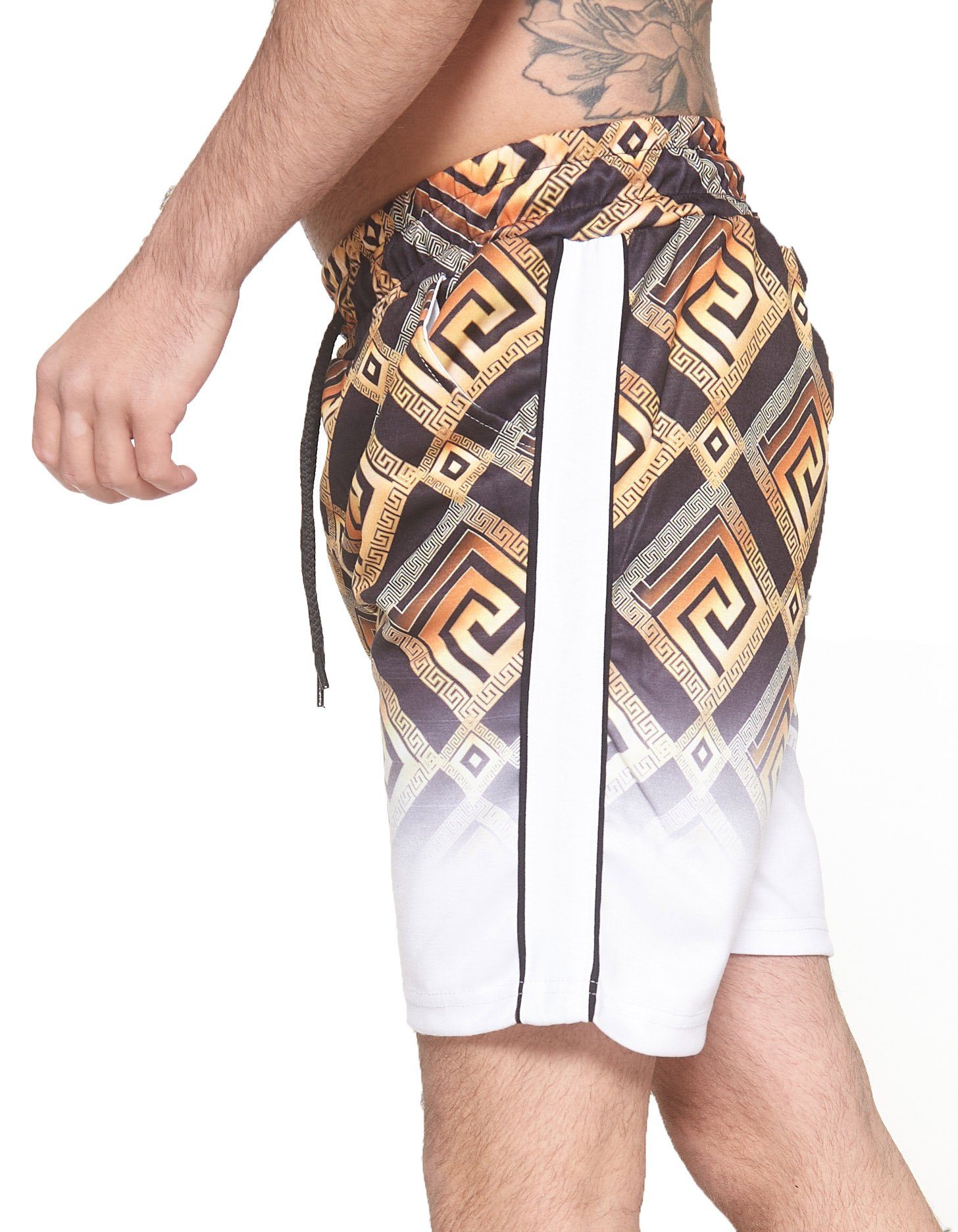 Kurze Shorts (Kurze Shorts Hose 1-tlg., Freizeit Design) Bermudas Sweatpants, Weiß modischem Herren John im Casual Ornamente Hose Kayna Design Barock Fitness