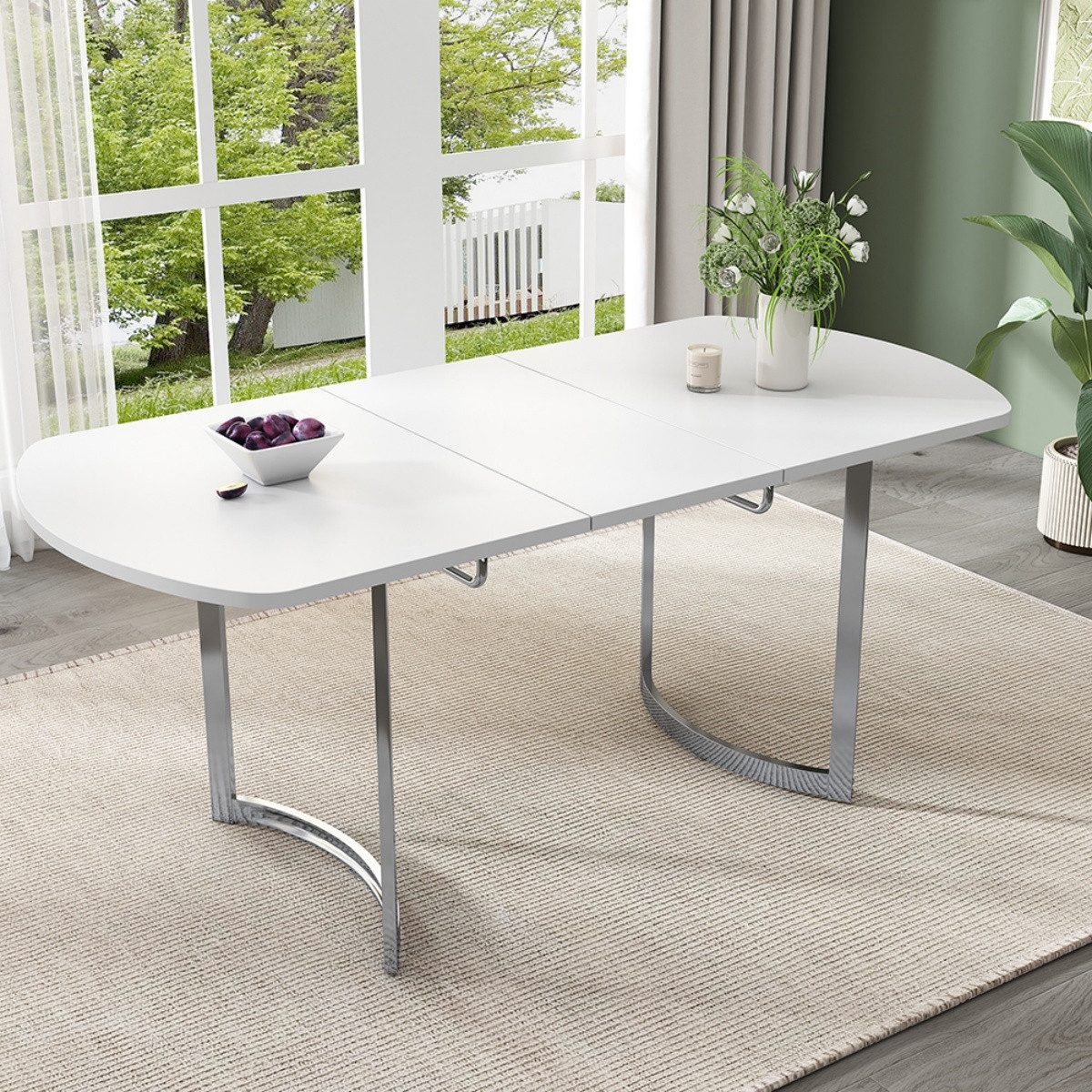 IDEASY Esstisch Moderner Esstisch Ausziehbar, Mehrzweck-Esstisch, Gebogene Tischbeine (Kann als Küchentisch, Schreibtisch, Werkbank verwendet werden), Versilberte Metallbeine, 140-180 x 80 x 75,5 cm, Belastbarkeit 60 kg