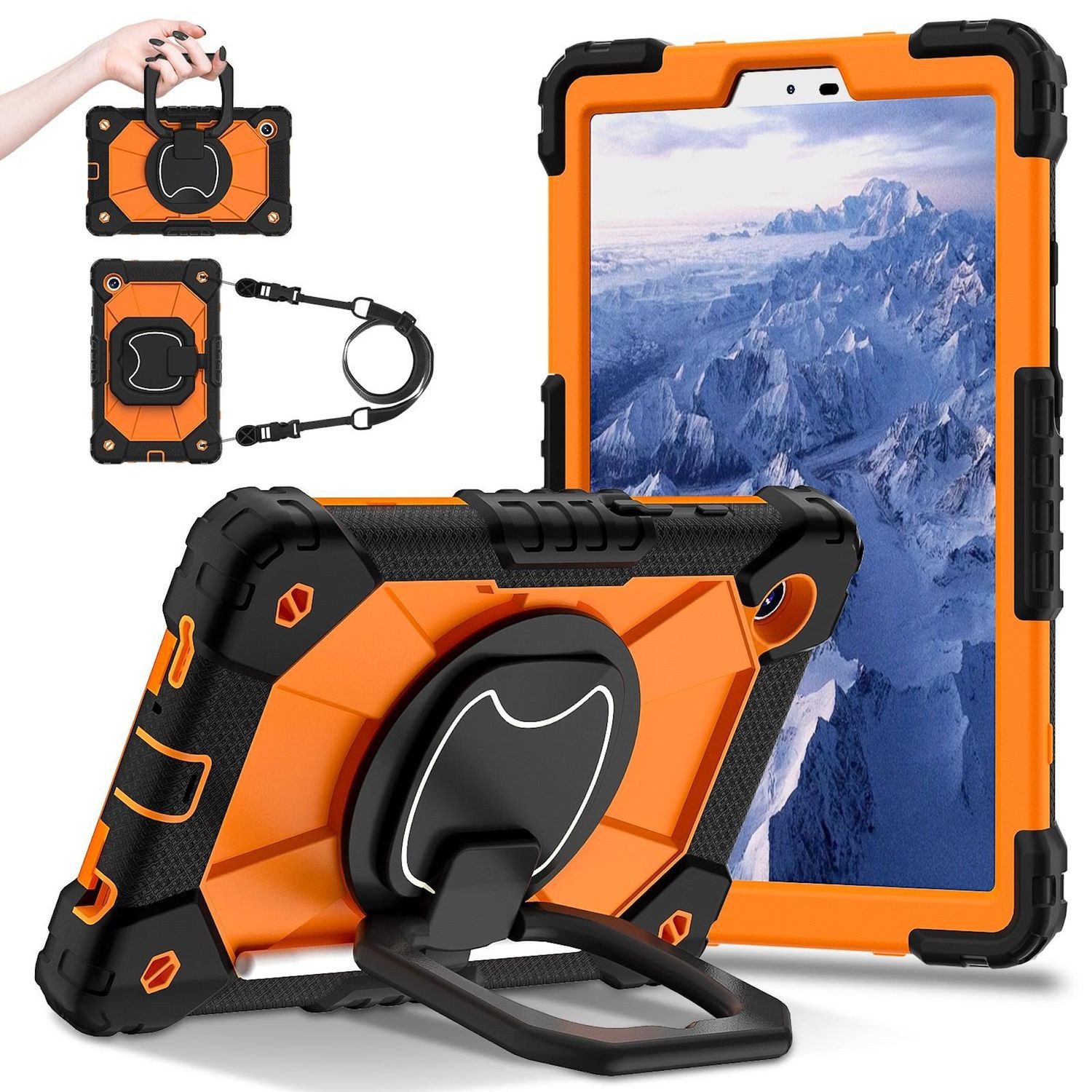 Wigento Tablet-Hülle Für Samsung Galaxy Tab A11 Hybrid Hülle Halter & Schultergurt Orange, Hybrid Schutzhülle Smart Case Cover mit Schultergurt