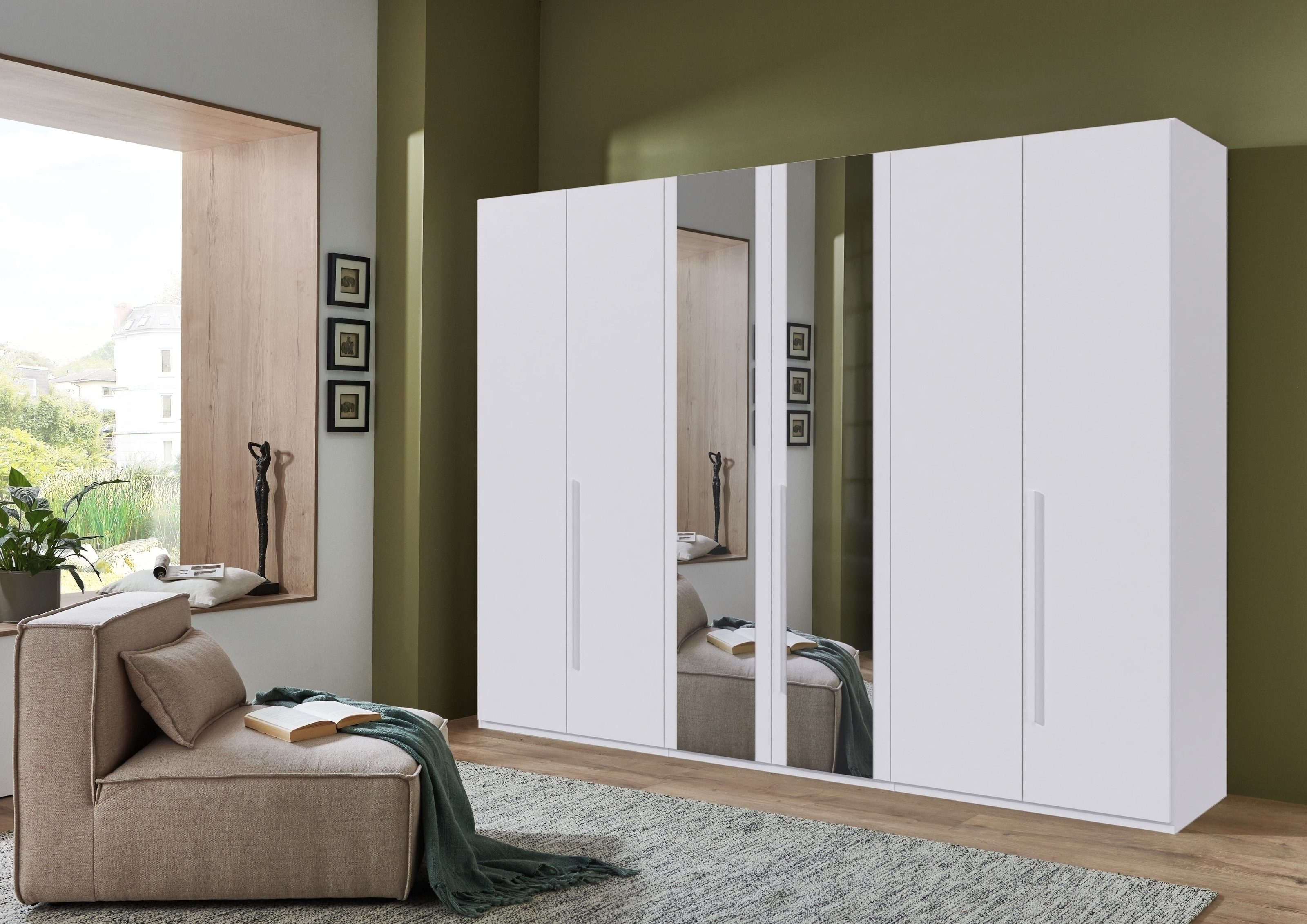 freiraum Drehtürenschrank LONDON inkl. Inneneinteilung, WEISS / SPIEGEL - 270x208x58cm (BxHxT)